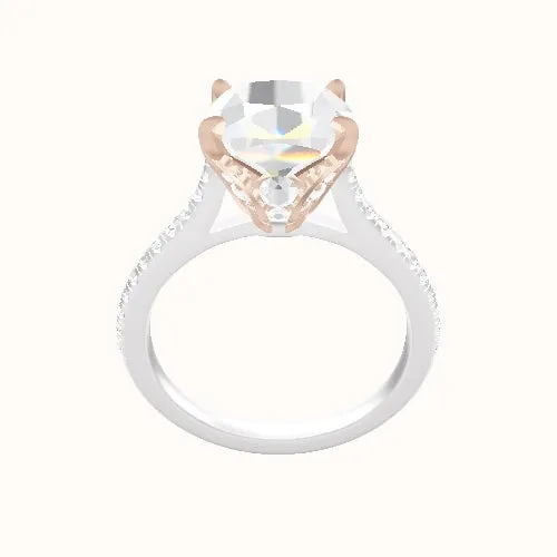 Pave Cathedral Engagement Ring With Pave Tulip Prongs w. Surprise Diamond Head