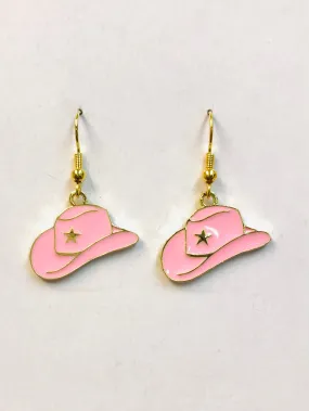 Pink Cowgirl Hat Earrings, Enamel Earring