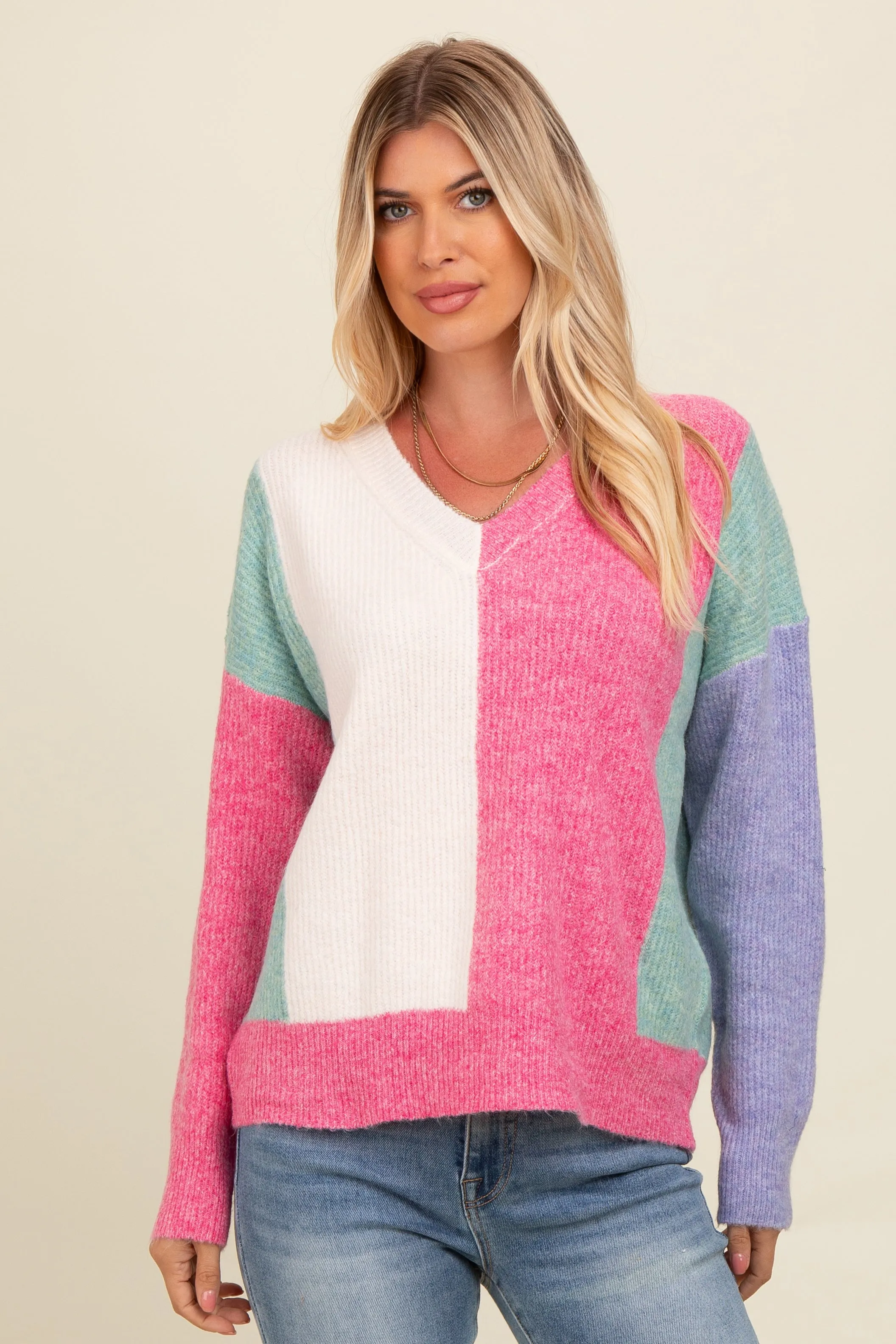 Pink Fuzzy Knit Colorblock Sweater