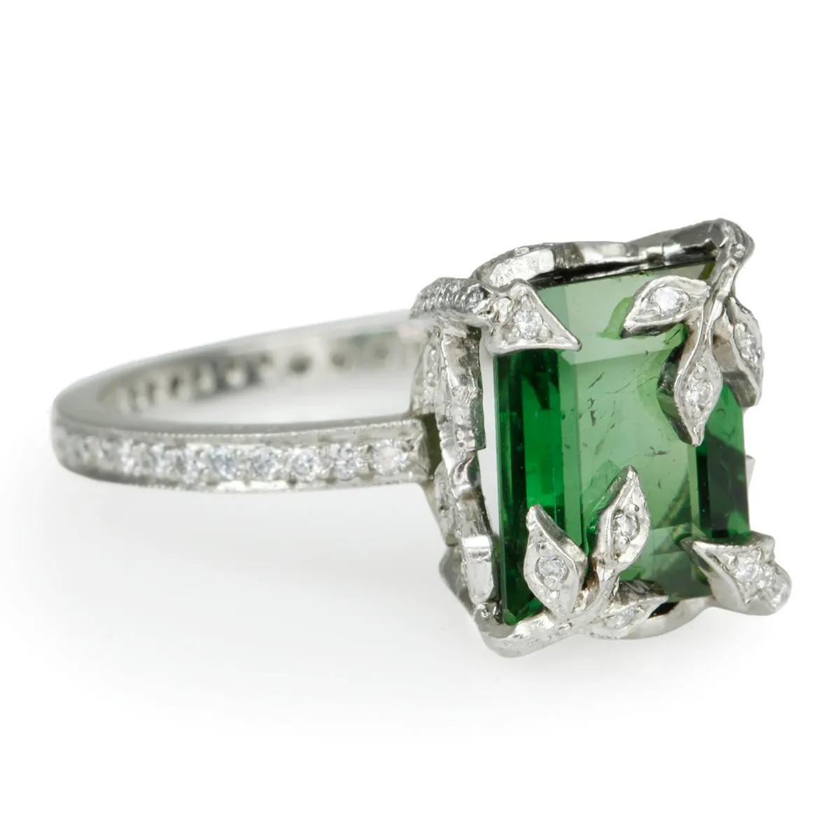 Platinum and Diamond Forest Ring with Emerald-Cut Green Tourmaline