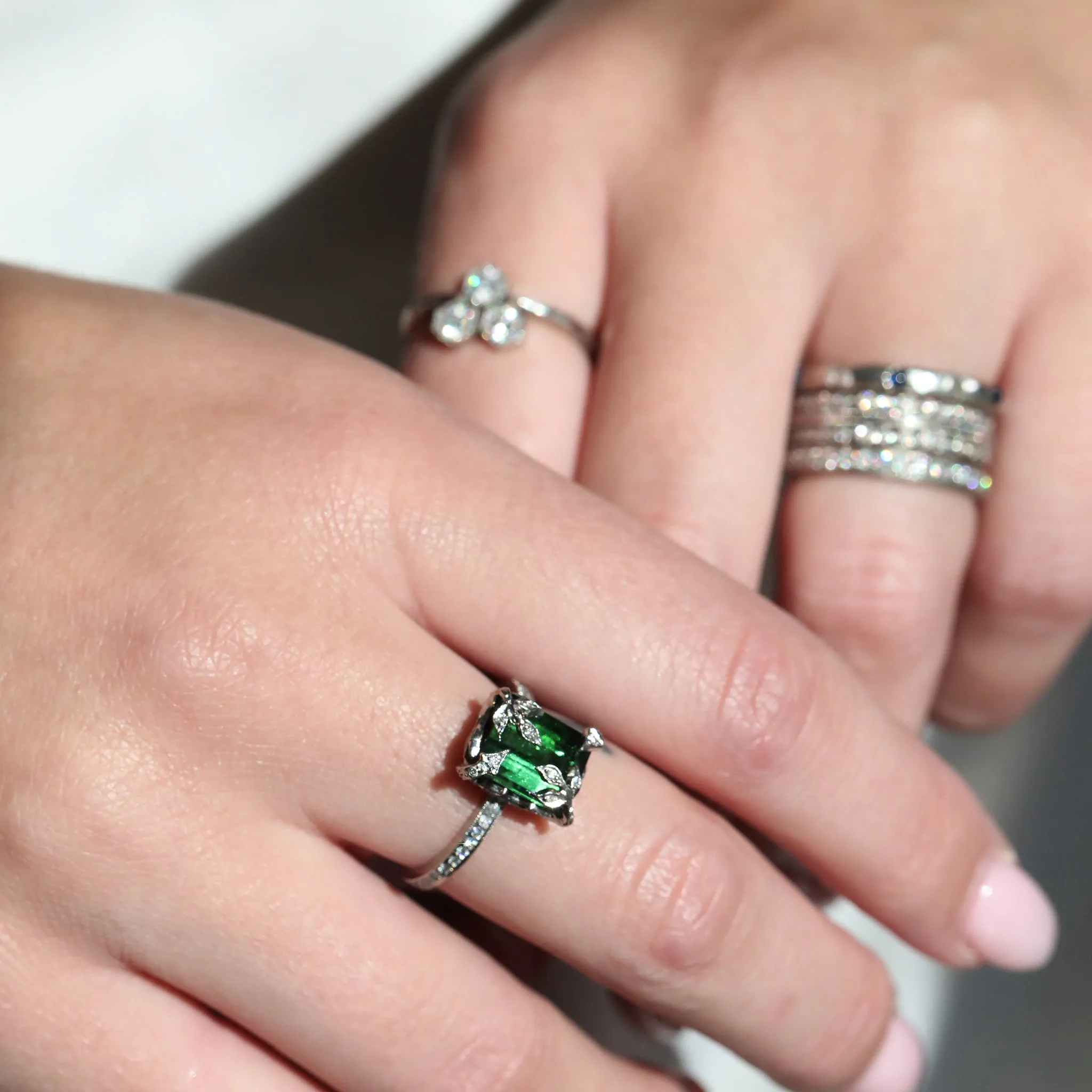 Platinum and Diamond Forest Ring with Emerald-Cut Green Tourmaline