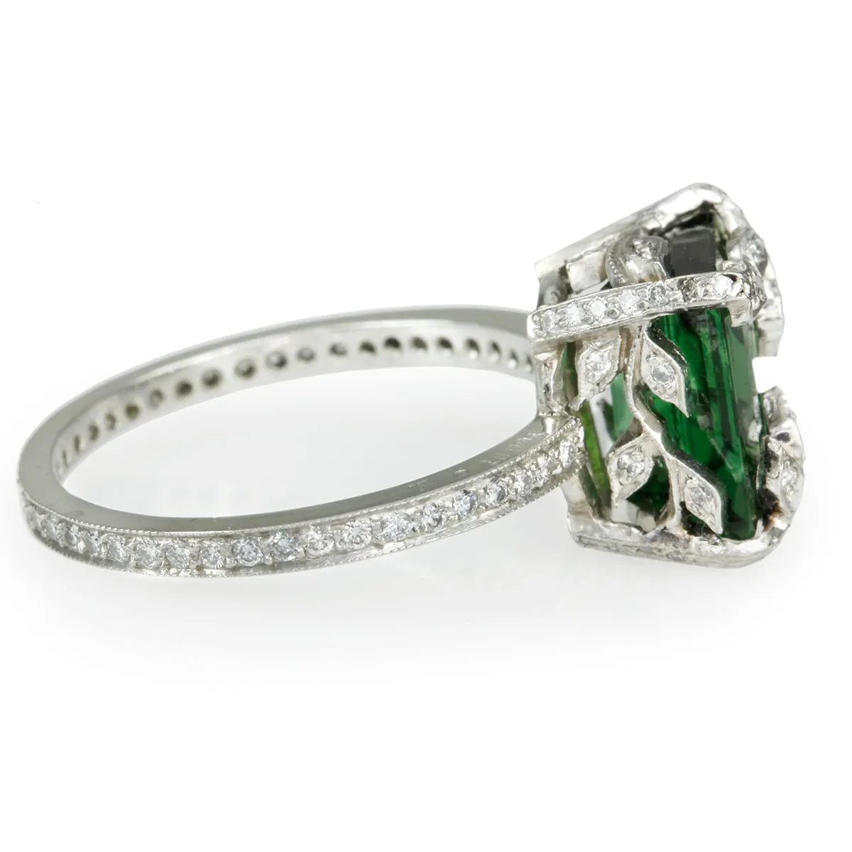 Platinum and Diamond Forest Ring with Emerald-Cut Green Tourmaline