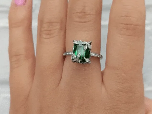 Platinum and Diamond Forest Ring with Emerald-Cut Green Tourmaline