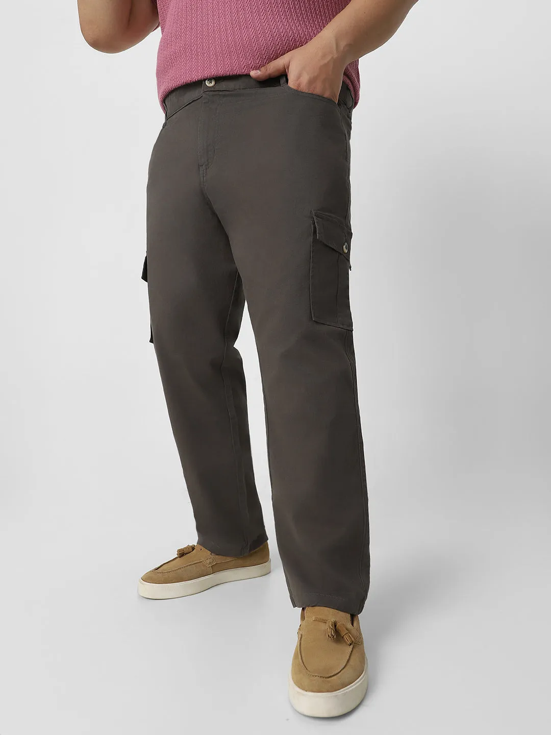 Plus Men's Charcoal Grey Regular Fit Solid Cargo Chino Pant with 6 Pockets Stretchable