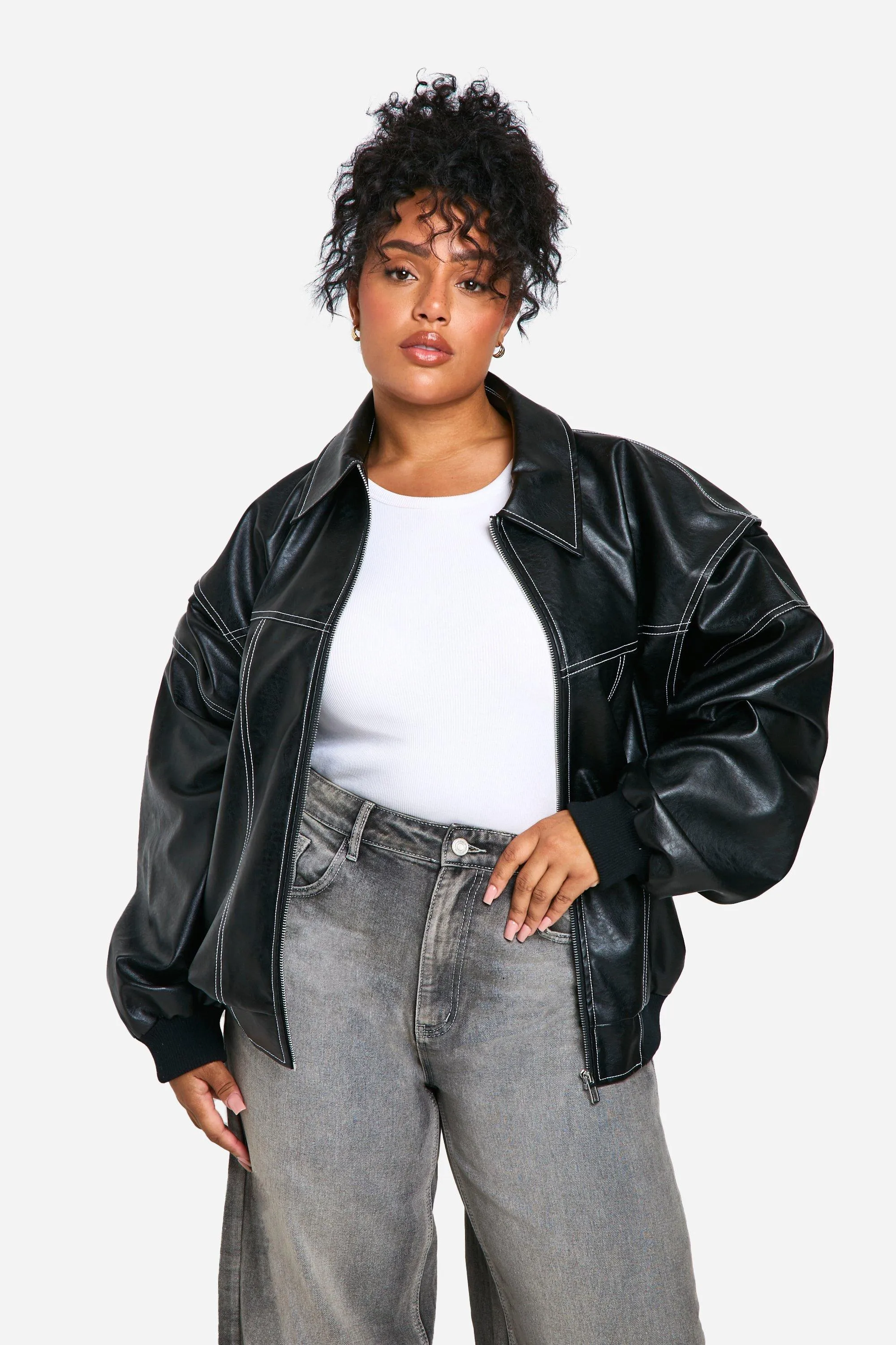 Plus Pu Contrast Stitch Oversized Bomber Jacket