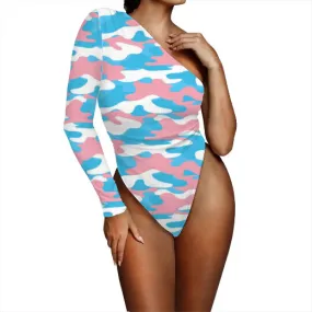 Plus Size Blue Pink White Pride Camouflage One-Shoulder Bodysuit