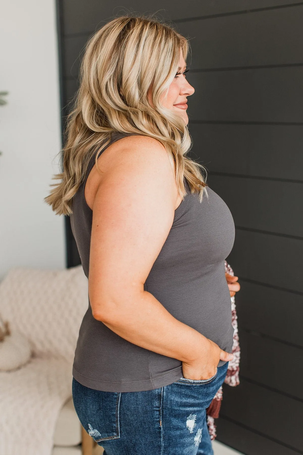 Proud Moment Ribbed Tank Top- Charcoal