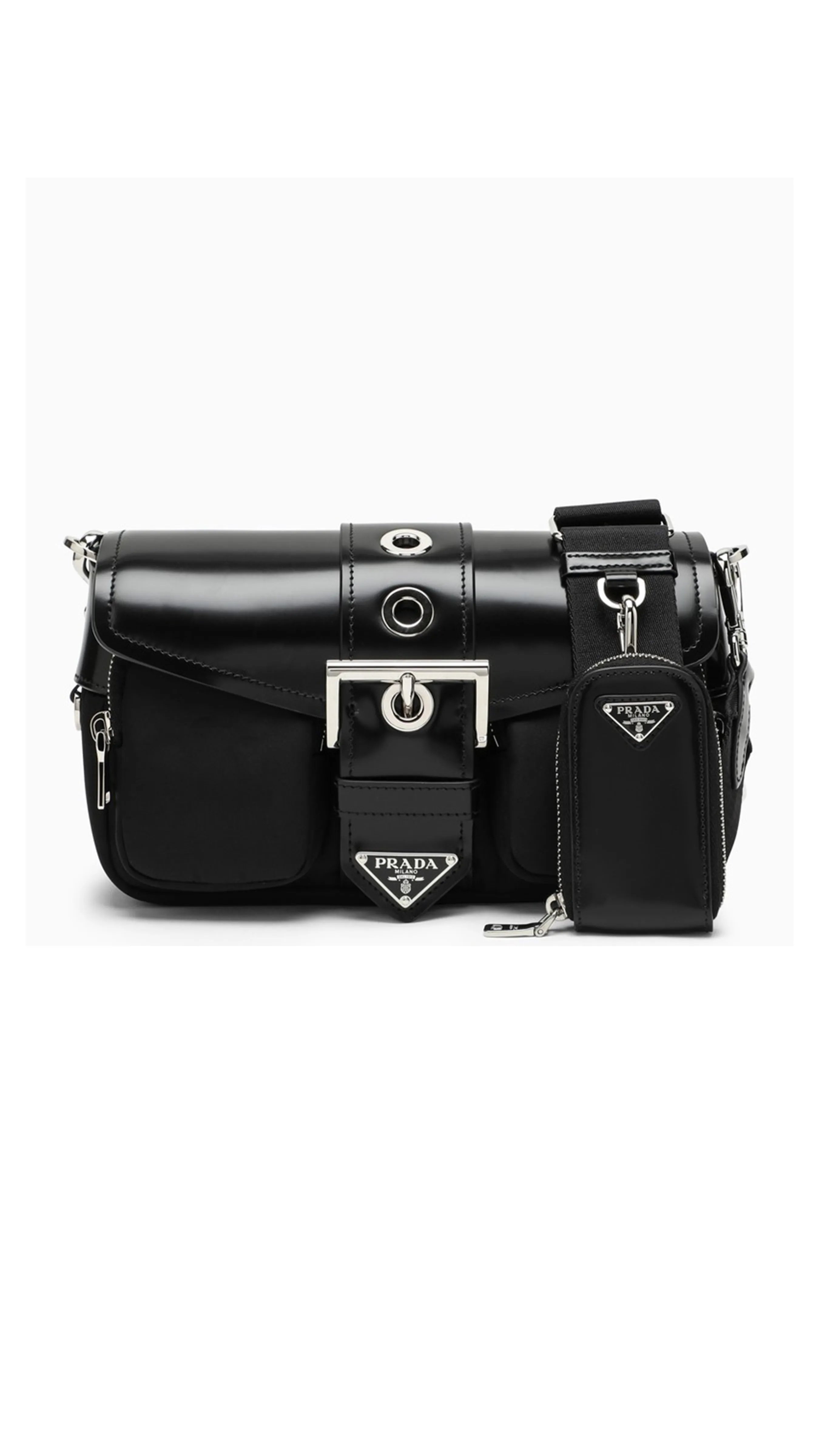 Re-Nylon and Brushed Leather Buckle Bag - Black