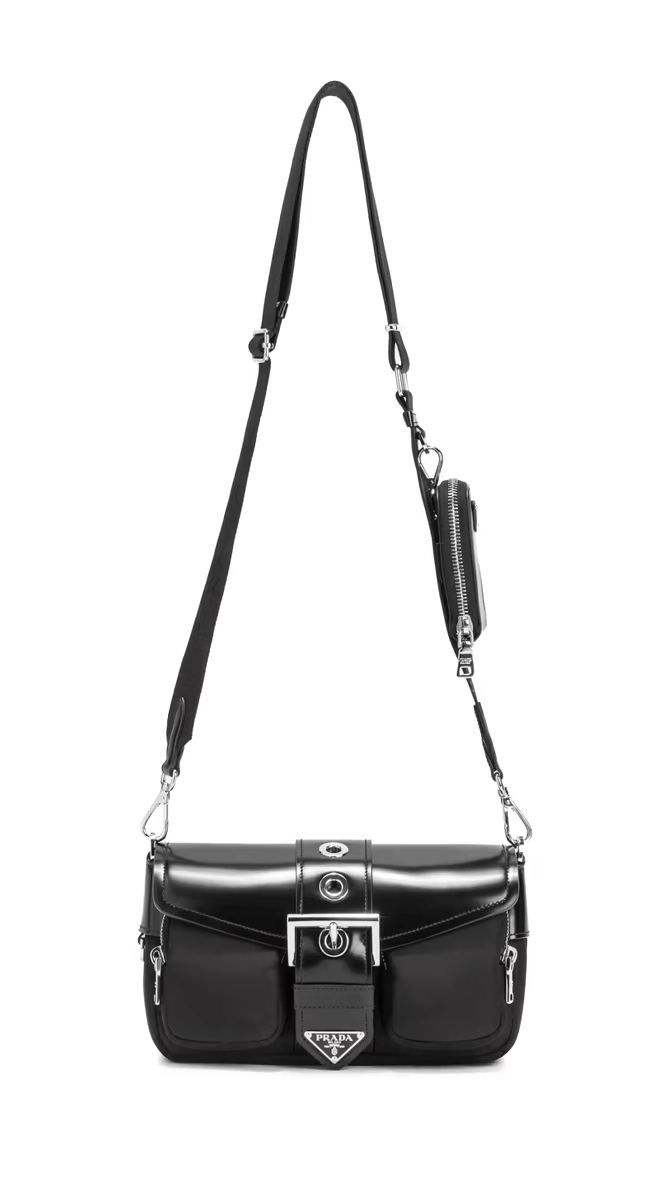 Re-Nylon and Brushed Leather Buckle Bag - Black