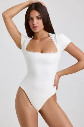 Ribbed Modal Lace-Trim Bodysuit in White