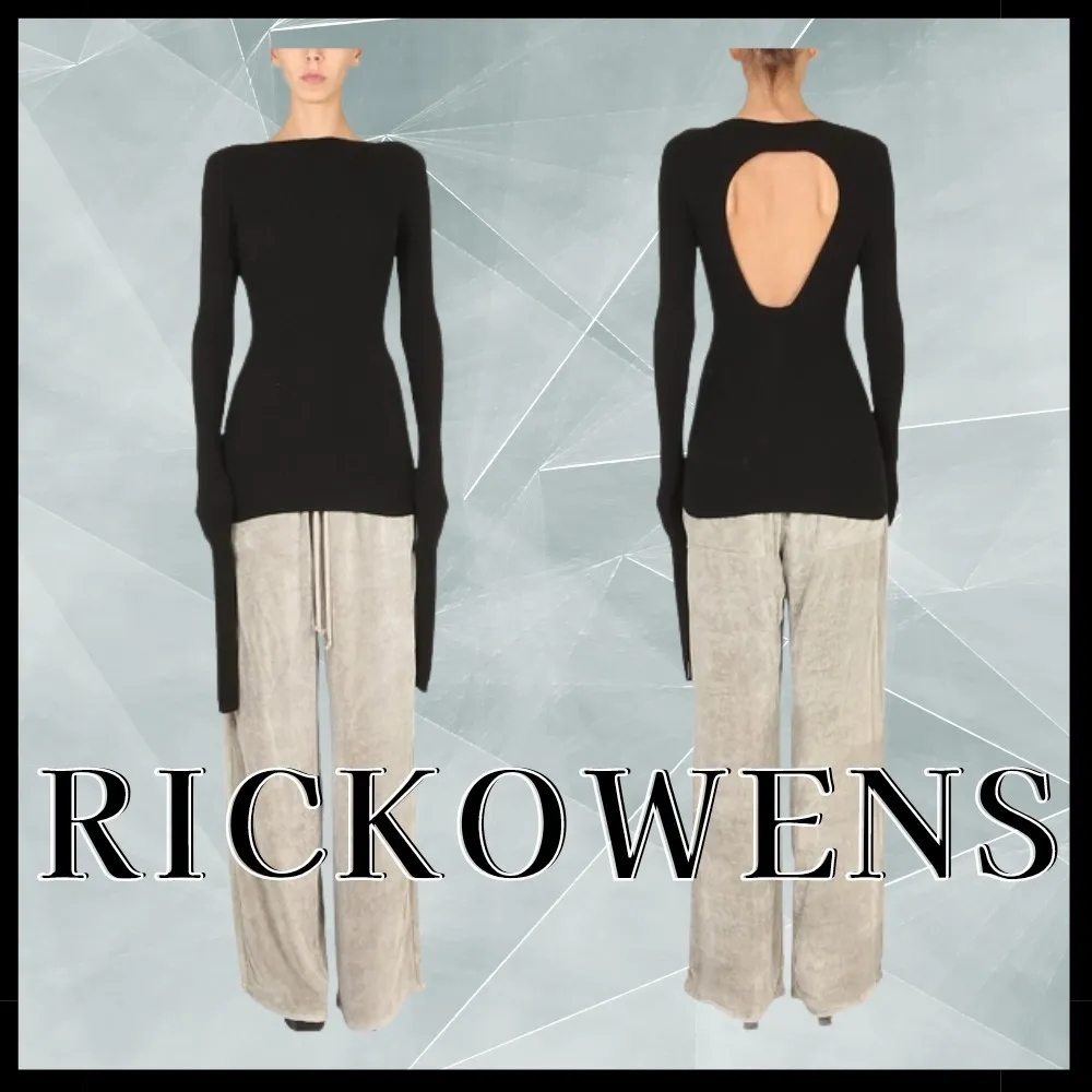 RICK OWENS  |Boat Neck Plain Super-long Sleeves V-neck & Crew neck