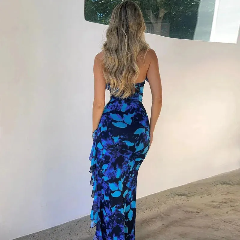 Sexy Deep V Neck Bandage Ruffle Split Printed Long Dress for Women