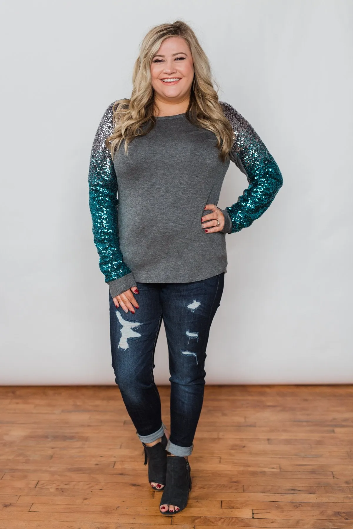 Shine Bright Sequin Top- Charcoal