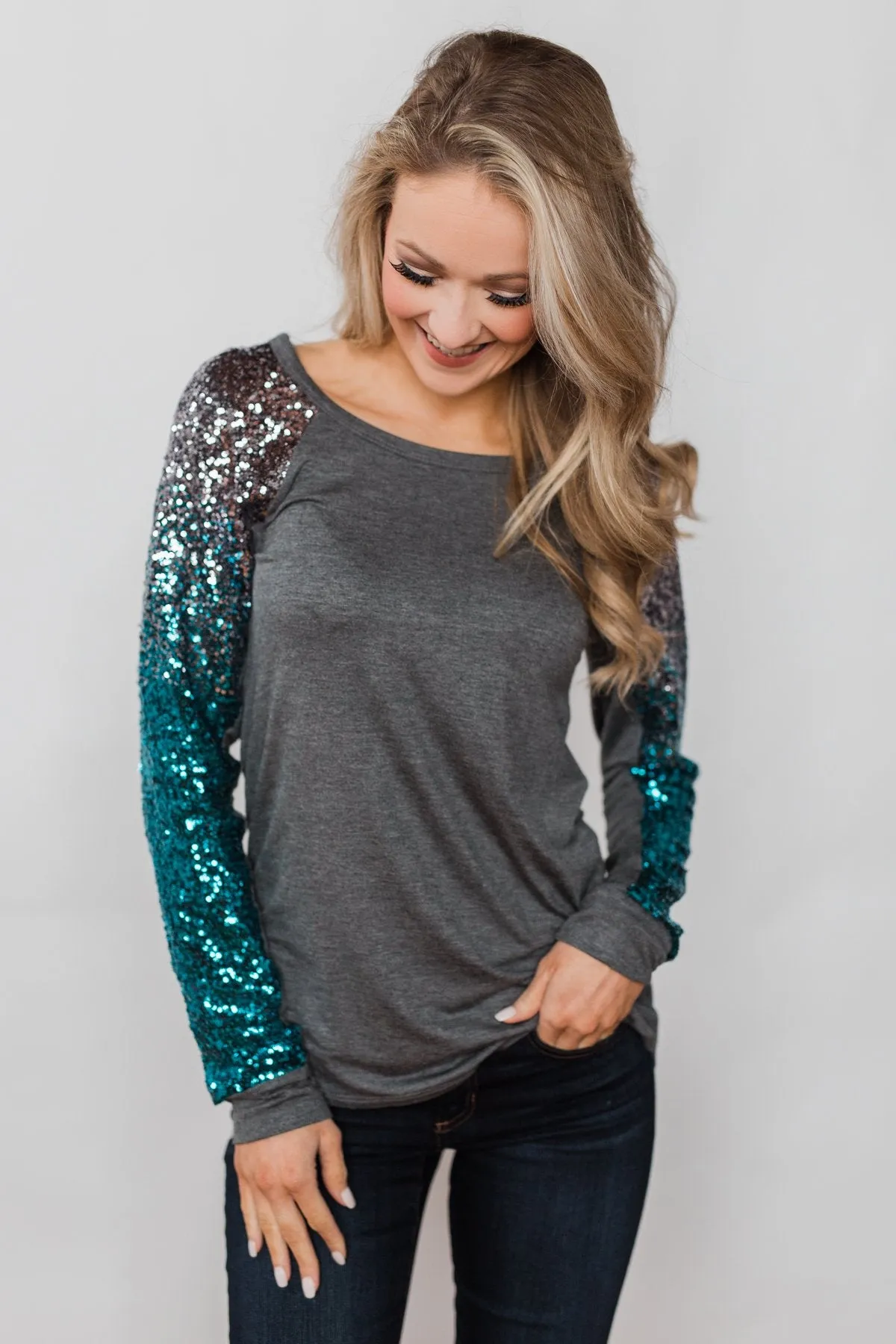 Shine Bright Sequin Top- Charcoal