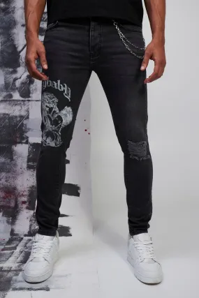 Skinny Stretch Graphic Jeans With Chain | boohooMAN UK