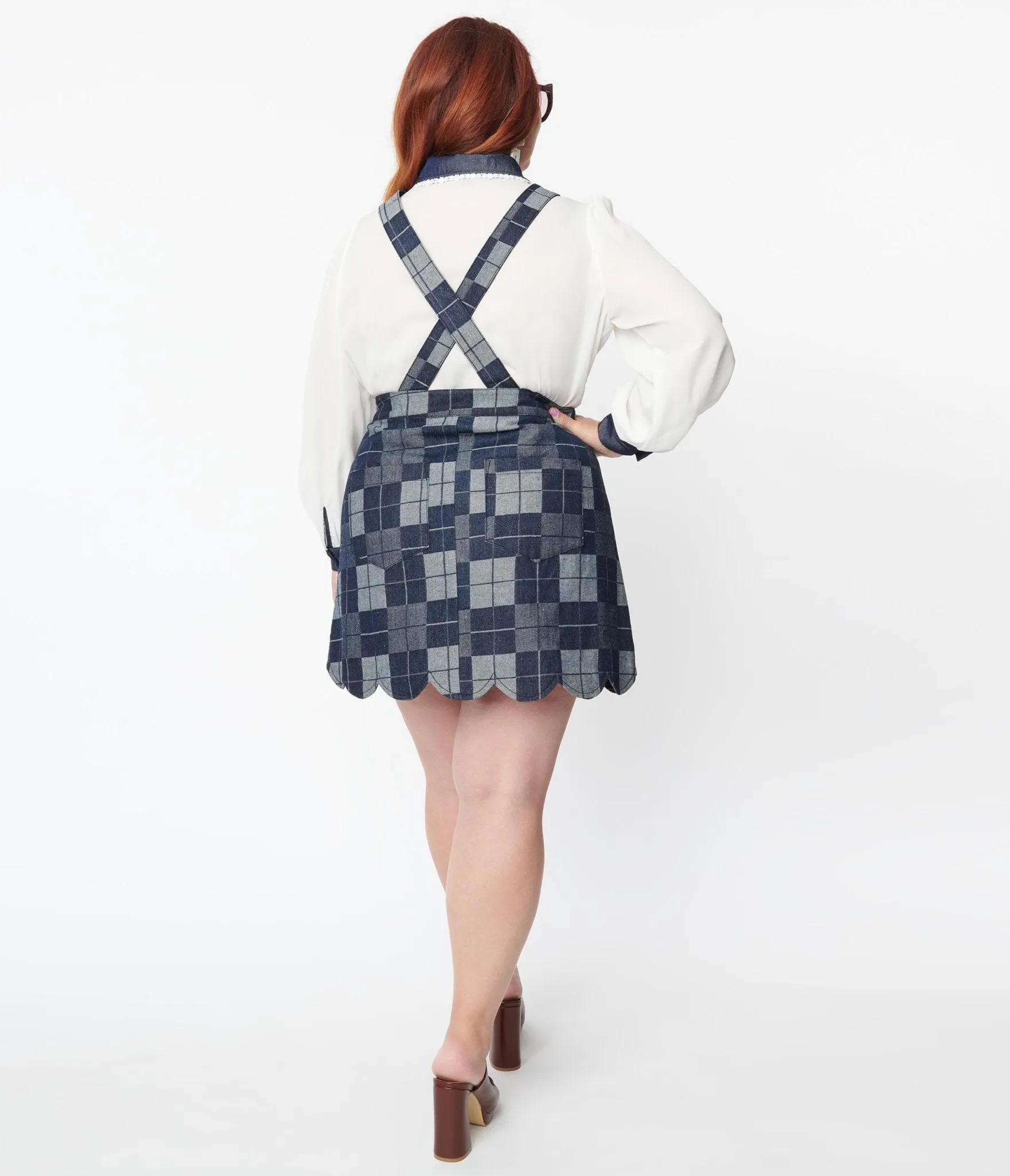 Smak Parlour Plus Size Dark Denim Check Suspender Skirt