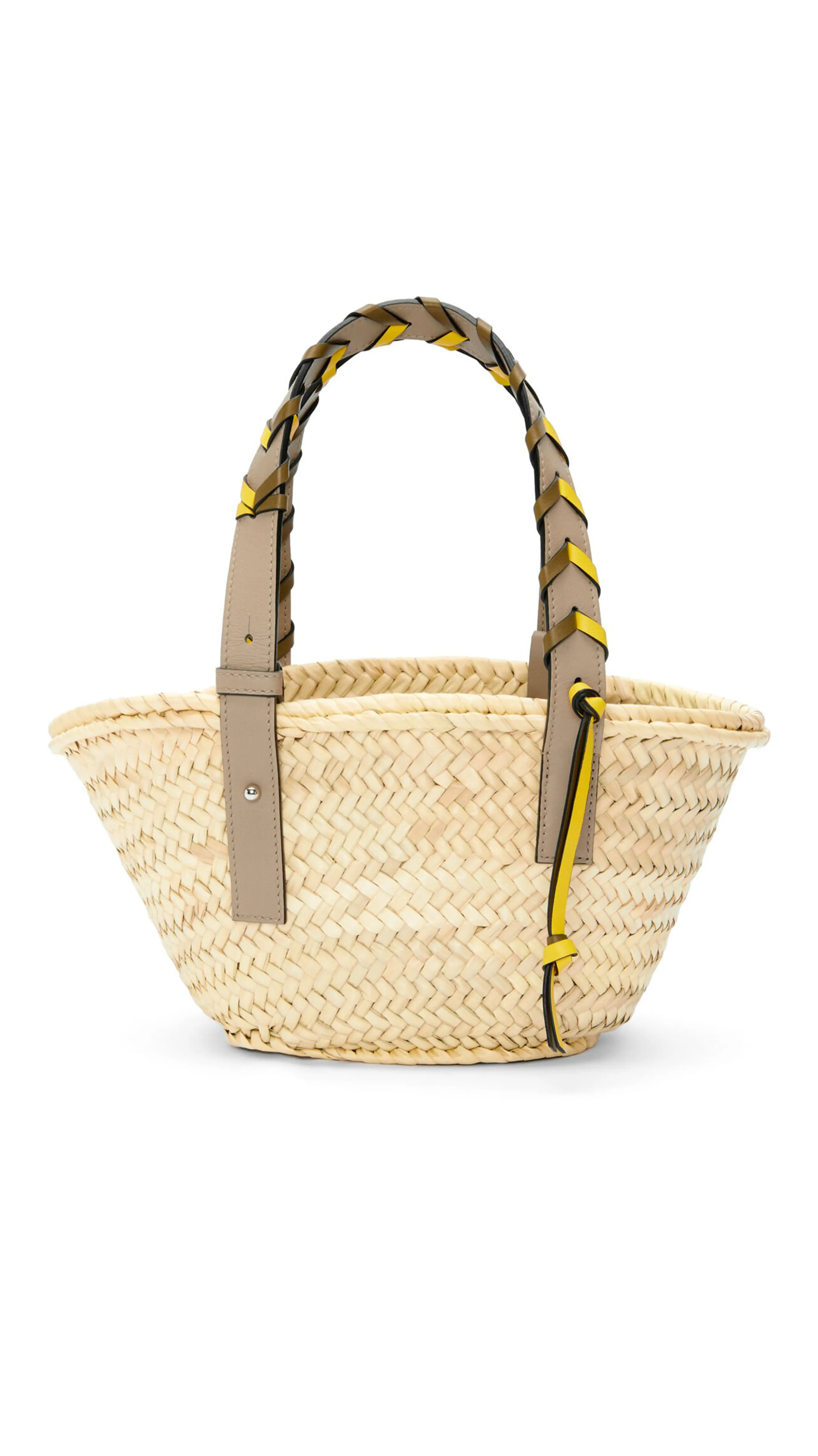 Small Basket Bag in Palm Leaf with a Braided Handle in Calfskin - Olive/Sand