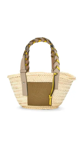 Small Basket Bag in Palm Leaf with a Braided Handle in Calfskin - Olive/Sand