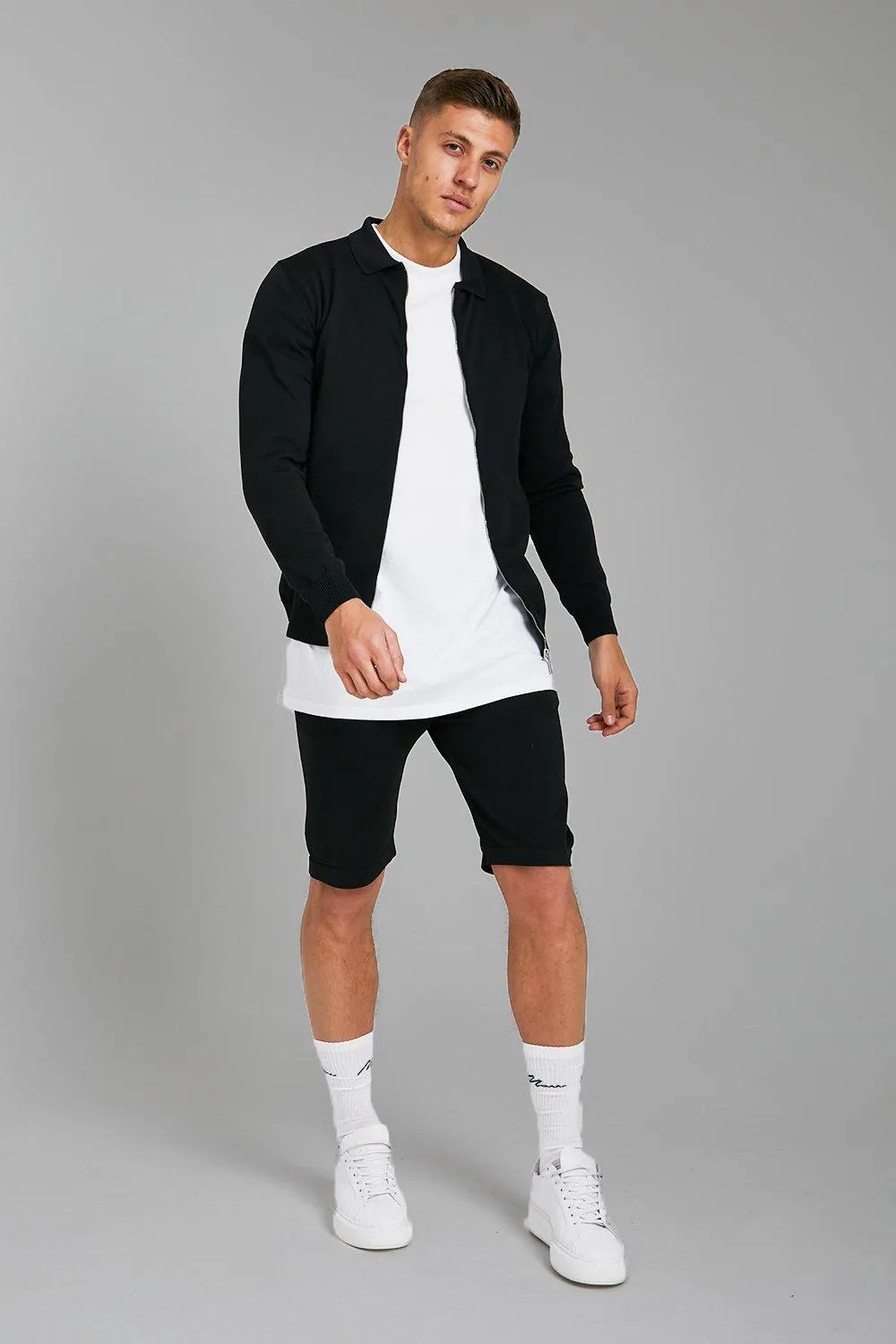 Smart Knitted Harrington Jacket & Shorts Set | boohooMAN UK