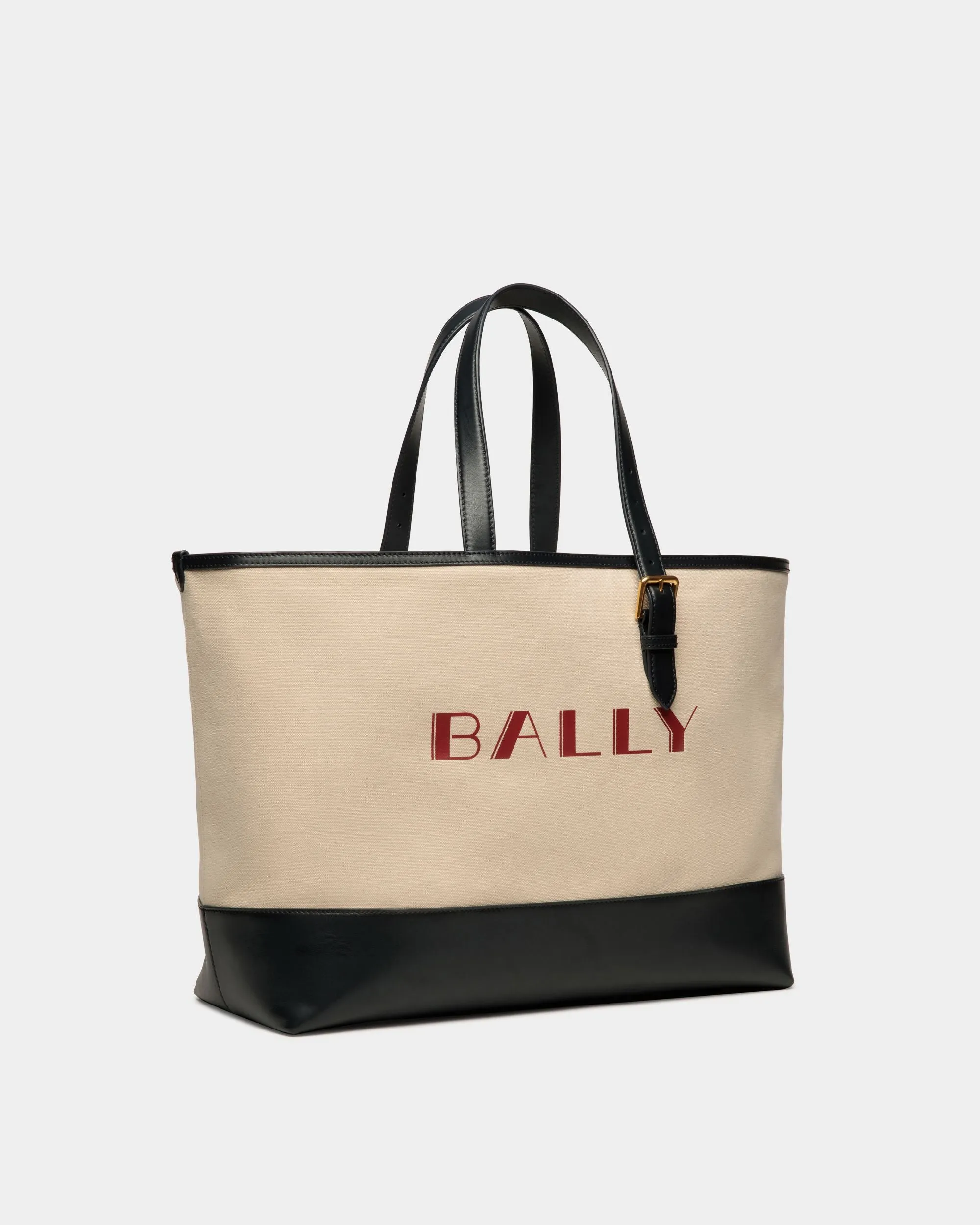 Summer Capsule Tote In Natural And Navy Blue Canvas And Leather 