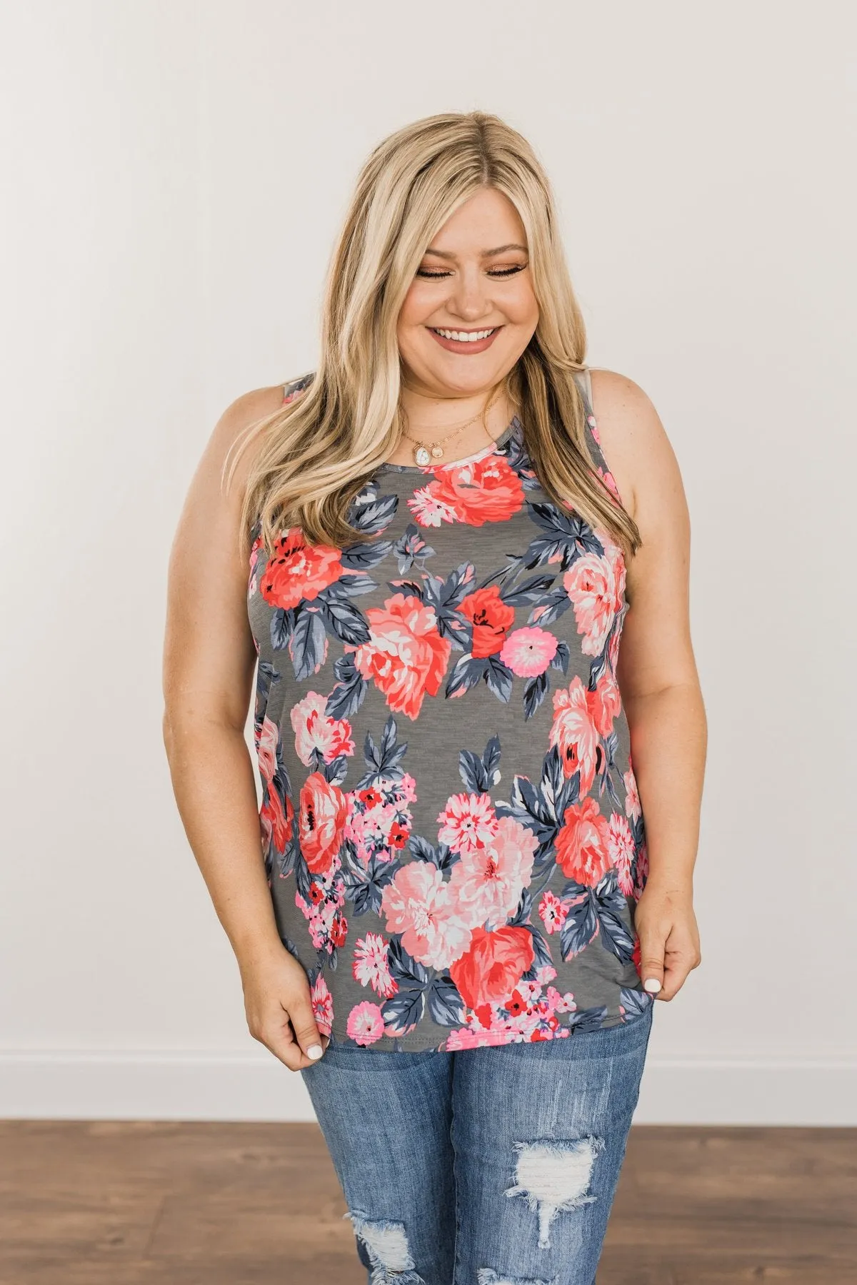 Summer Feeling Floral Racerback Tank Top- Charcoal