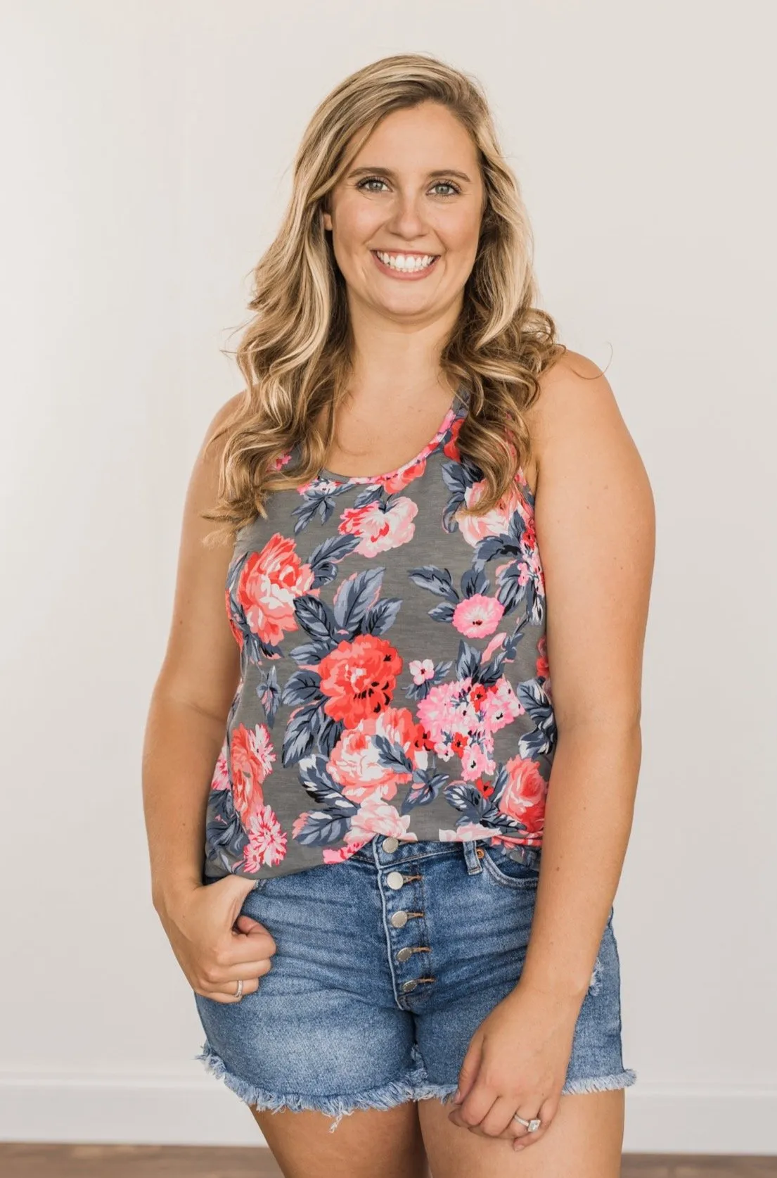 Summer Feeling Floral Racerback Tank Top- Charcoal