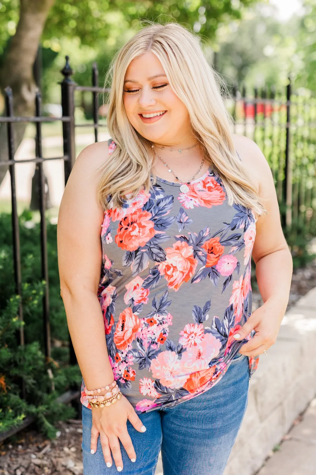 Summer Feeling Floral Racerback Tank Top- Charcoal