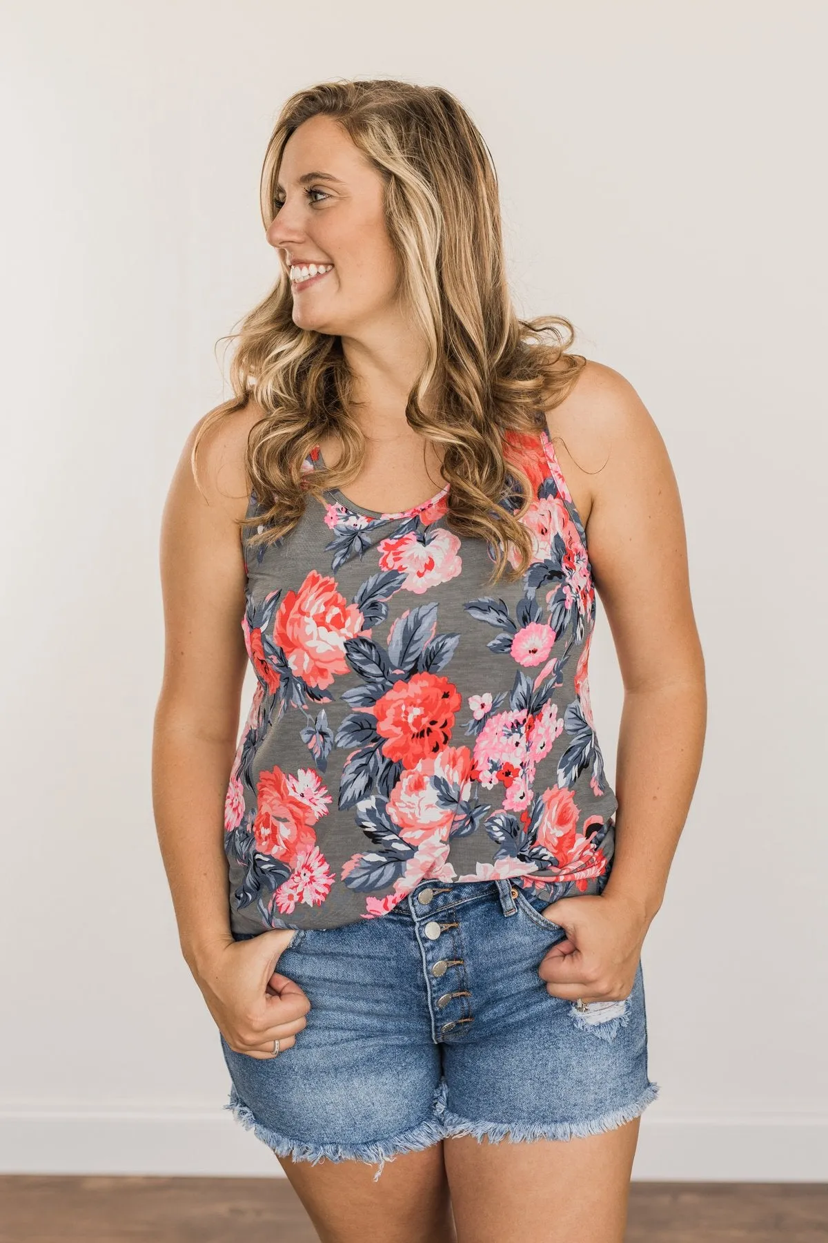 Summer Feeling Floral Racerback Tank Top- Charcoal