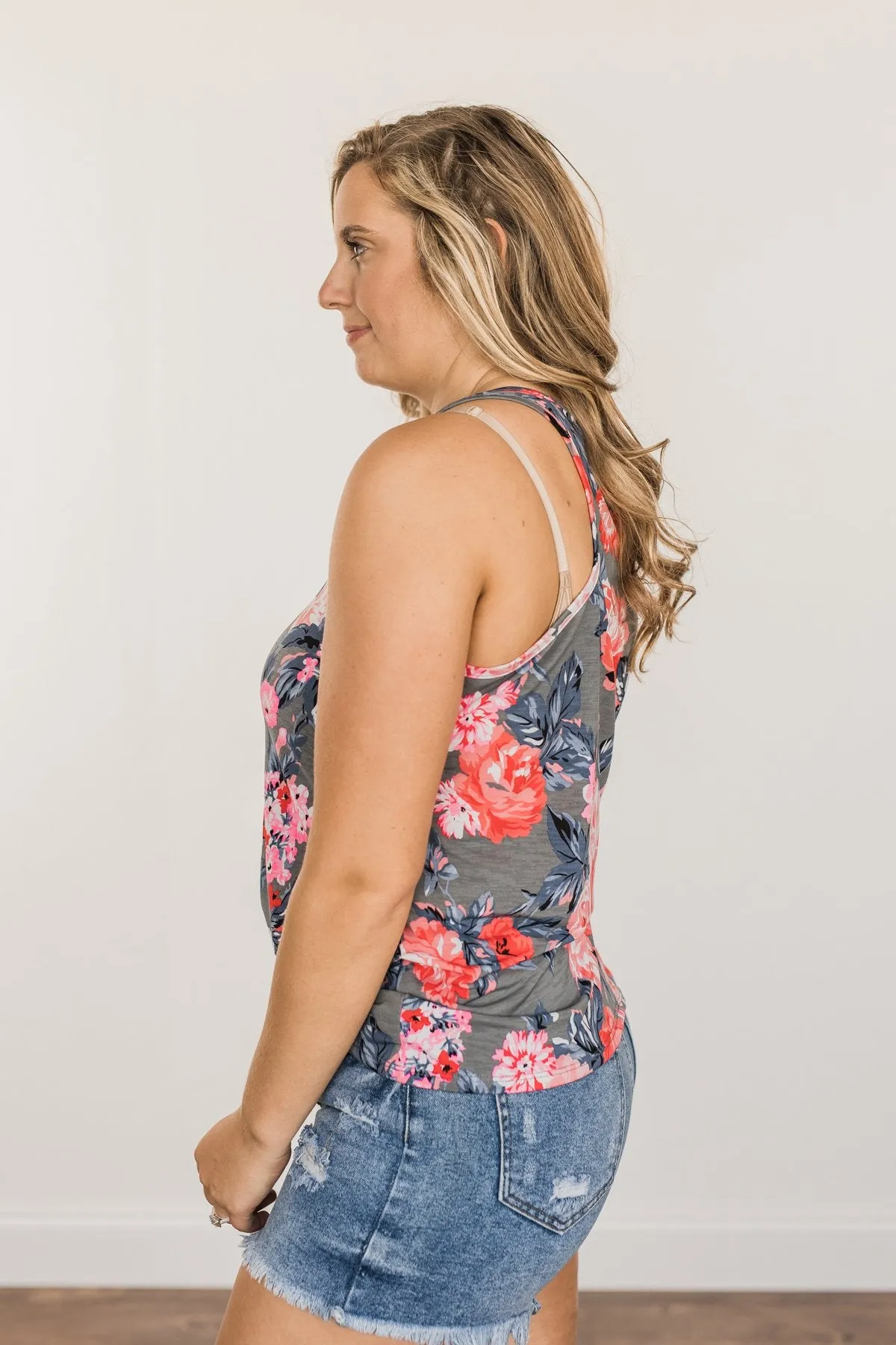 Summer Feeling Floral Racerback Tank Top- Charcoal