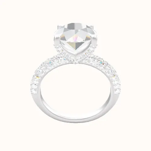 Three Row Pave Engagement Ring With Double Pave V Prong Head