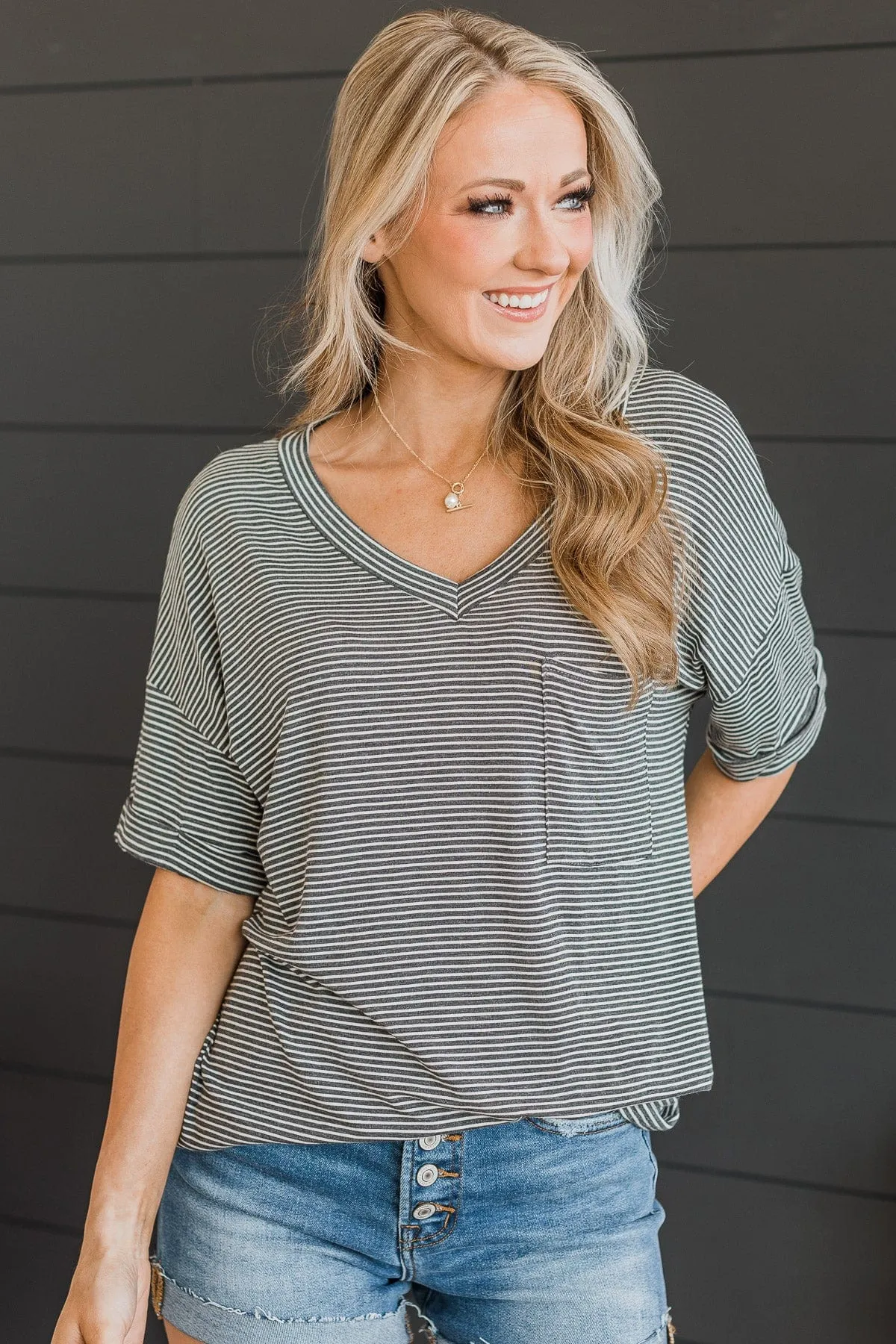 Under The Radar Striped Top- Charcoal