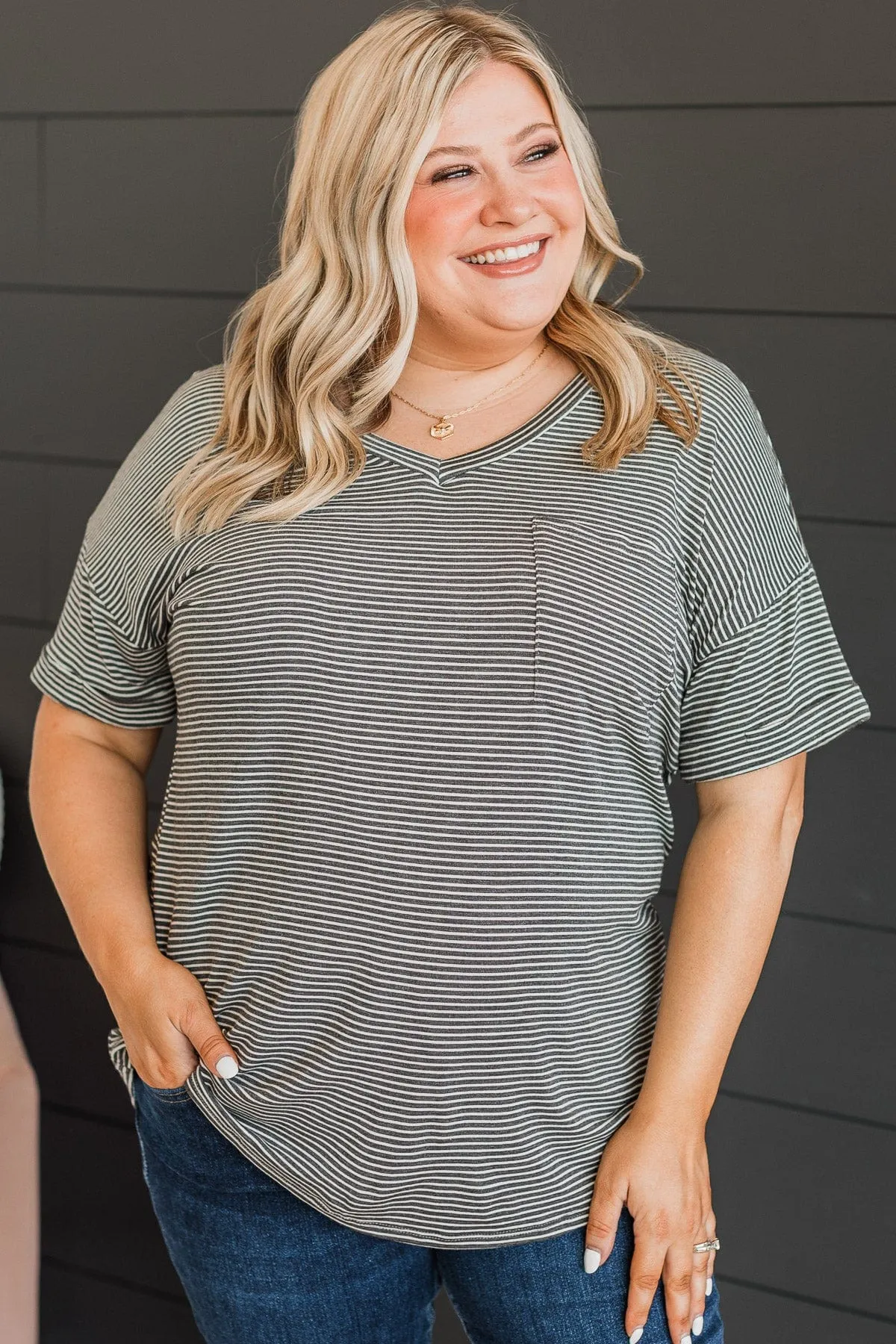 Under The Radar Striped Top- Charcoal