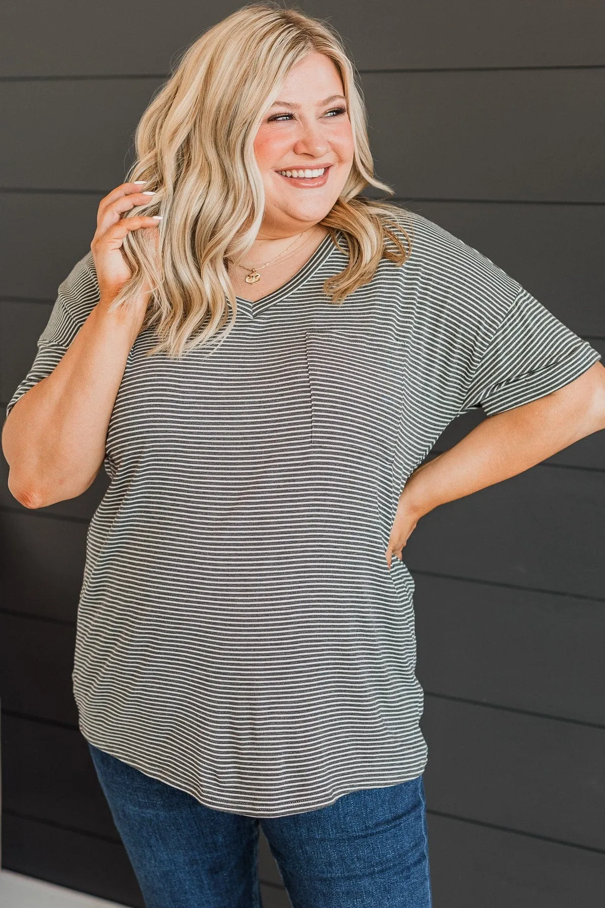 Under The Radar Striped Top- Charcoal