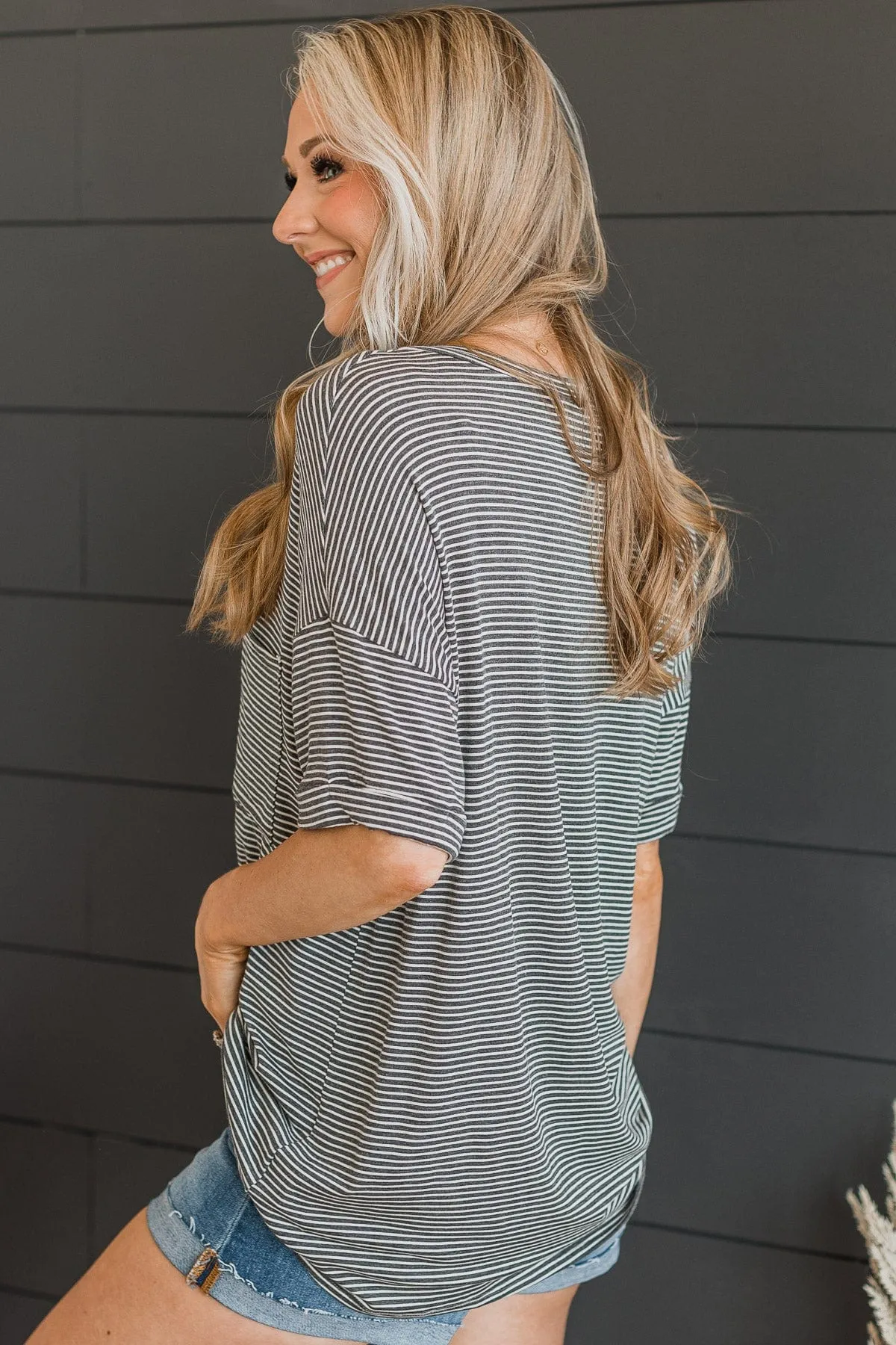 Under The Radar Striped Top- Charcoal