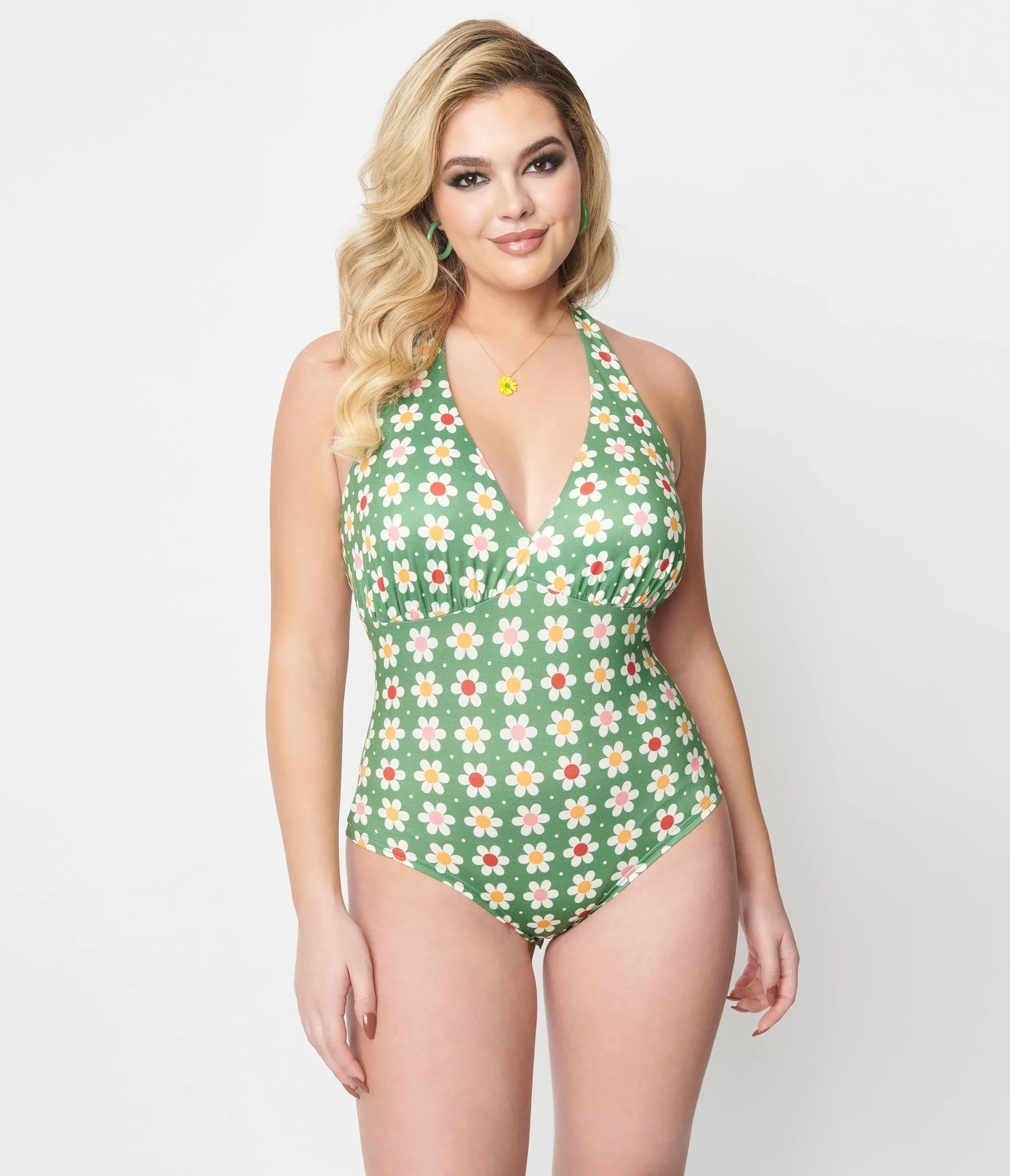 Unique Vintage Olive Green Daisy Halter Bodysuit