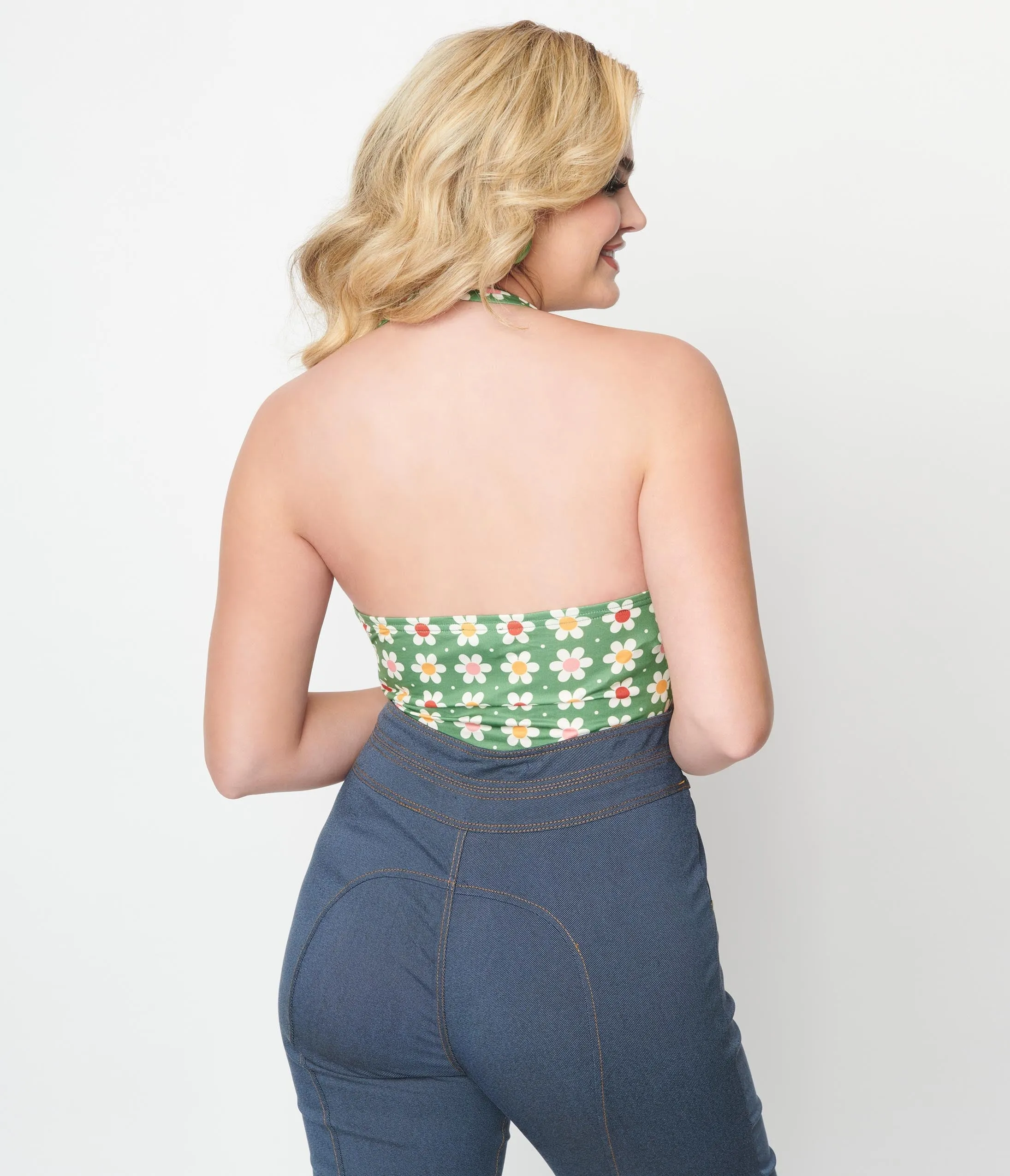 Unique Vintage Olive Green Daisy Halter Bodysuit