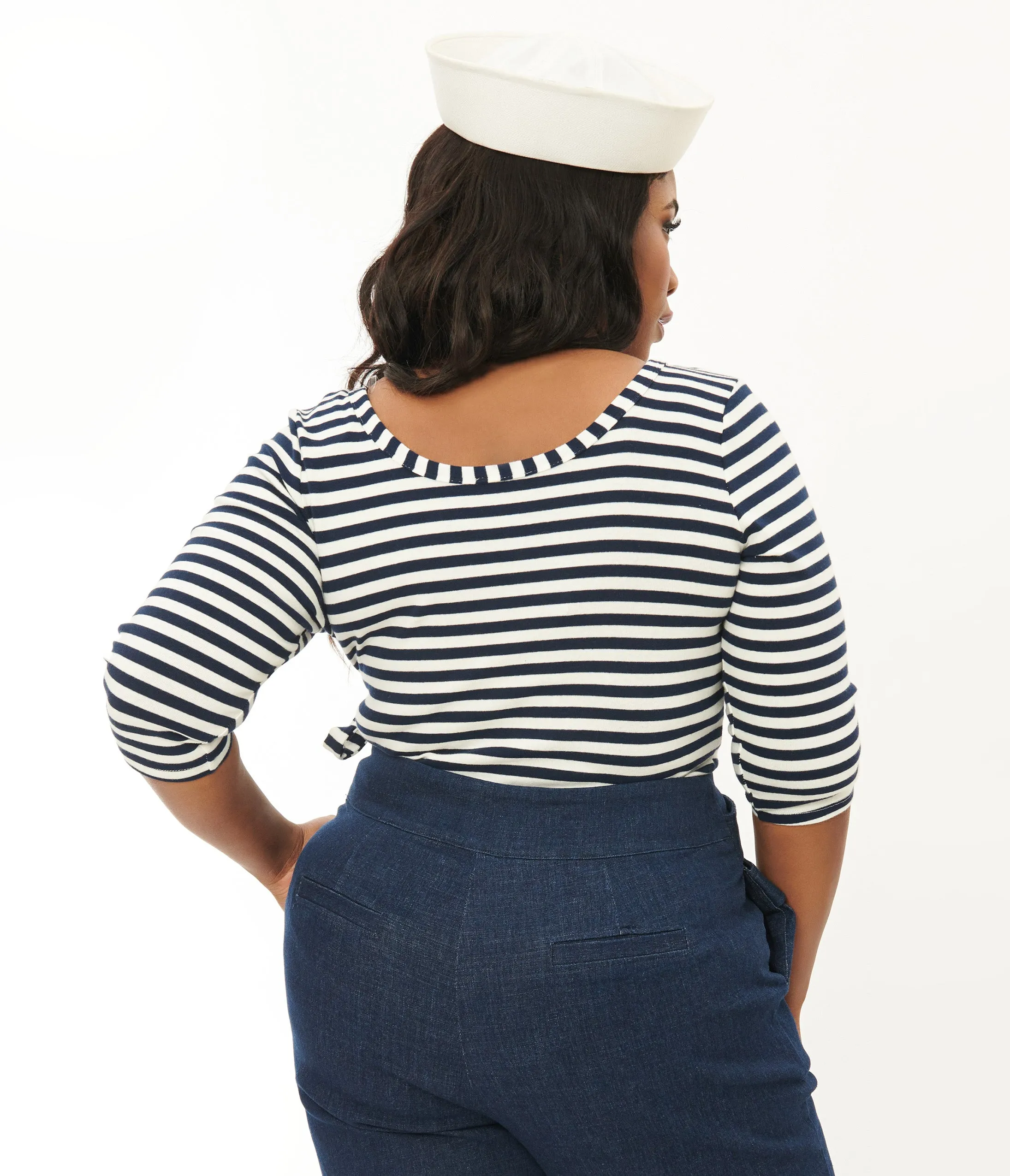 Unique Vintage Plus Size 1970s Navy & White Stripe Surplice Bodysuit