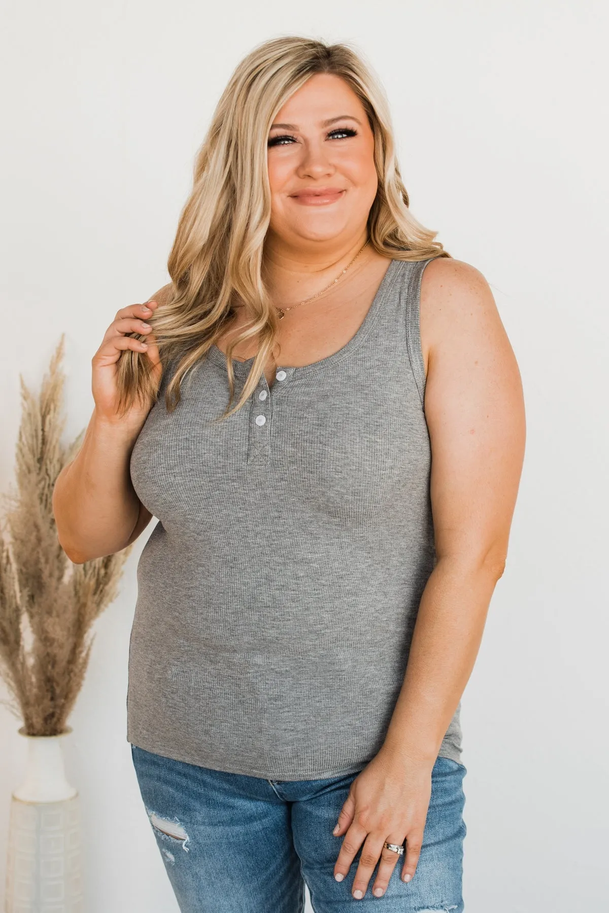 Uplifting Spirits Button Henley Tank Top- Light Charcoal