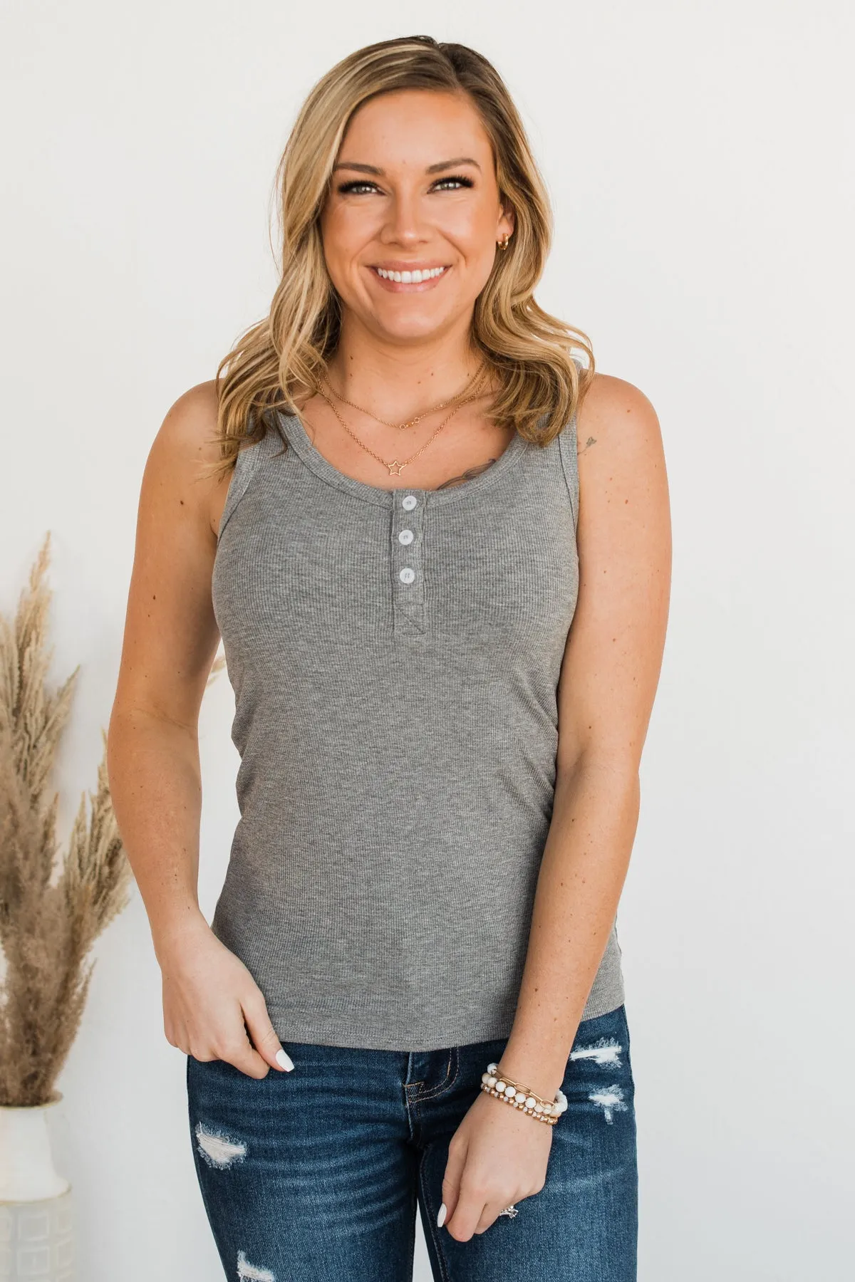 Uplifting Spirits Button Henley Tank Top- Light Charcoal