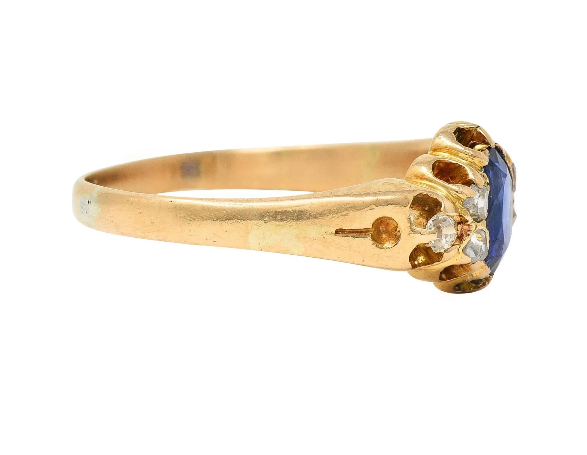 Victorian 1.30 CTW Sapphire Diamond 14 Karat Yellow Gold Belcher Antique Ring