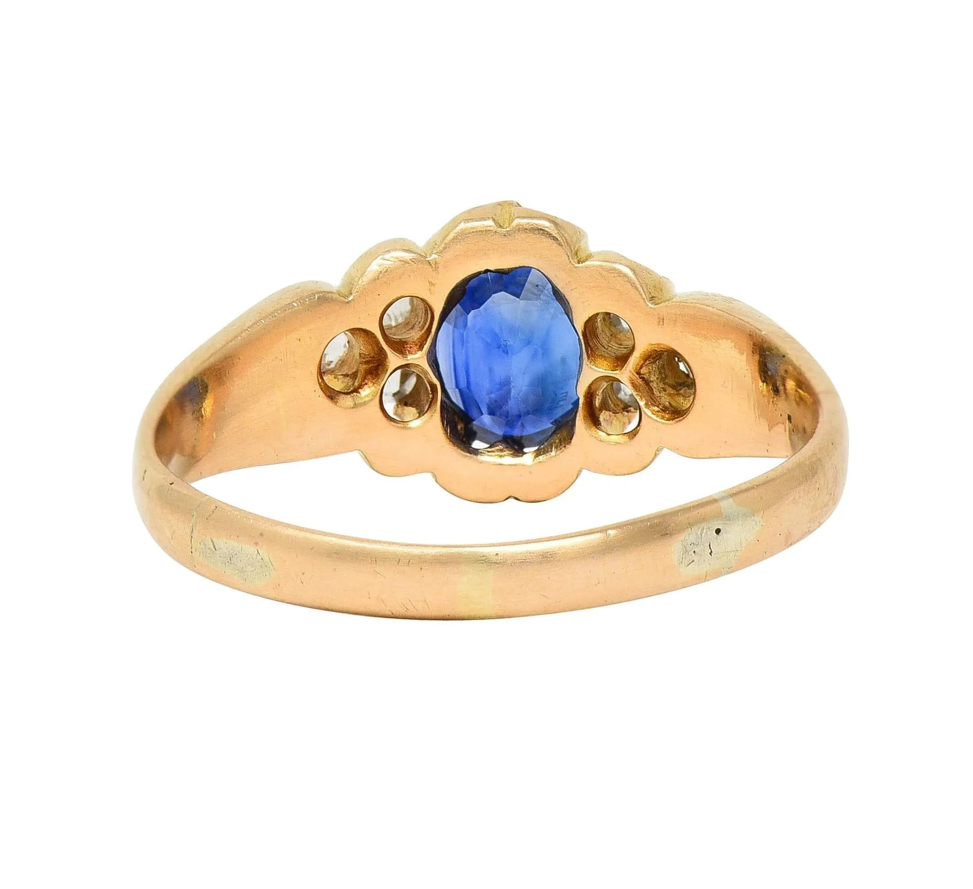 Victorian 1.30 CTW Sapphire Diamond 14 Karat Yellow Gold Belcher Antique Ring