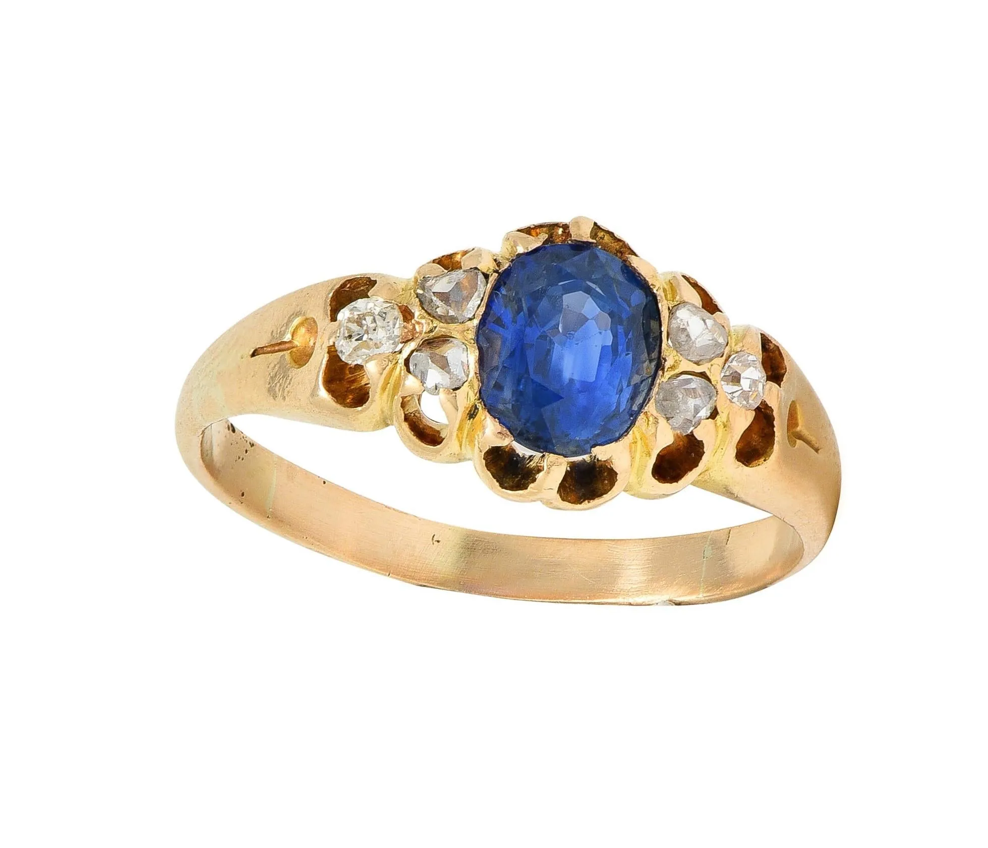 Victorian 1.30 CTW Sapphire Diamond 14 Karat Yellow Gold Belcher Antique Ring