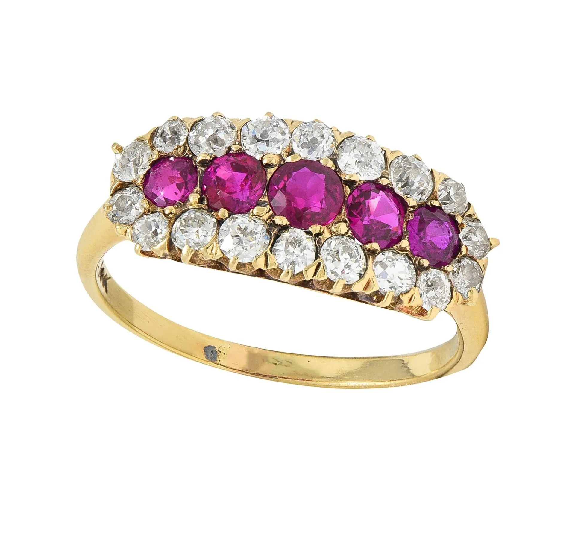 Victorian 2.59 CTW Ruby Diamond 14 Karat Yellow Gold Antique Clustered Band Ring