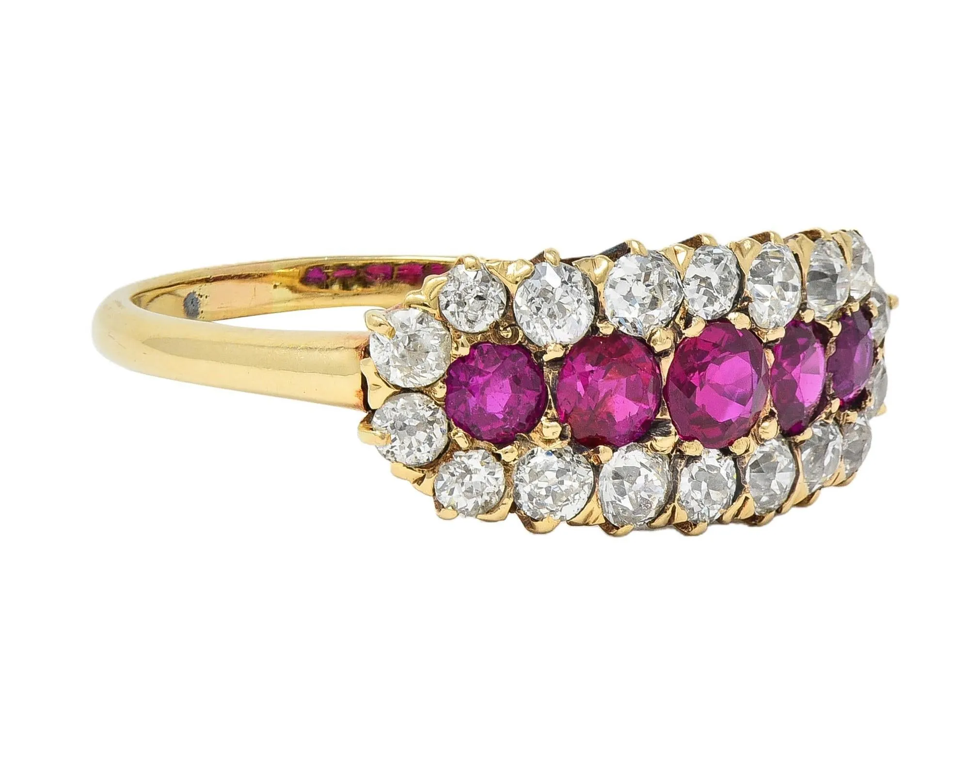 Victorian 2.59 CTW Ruby Diamond 14 Karat Yellow Gold Antique Clustered Band Ring