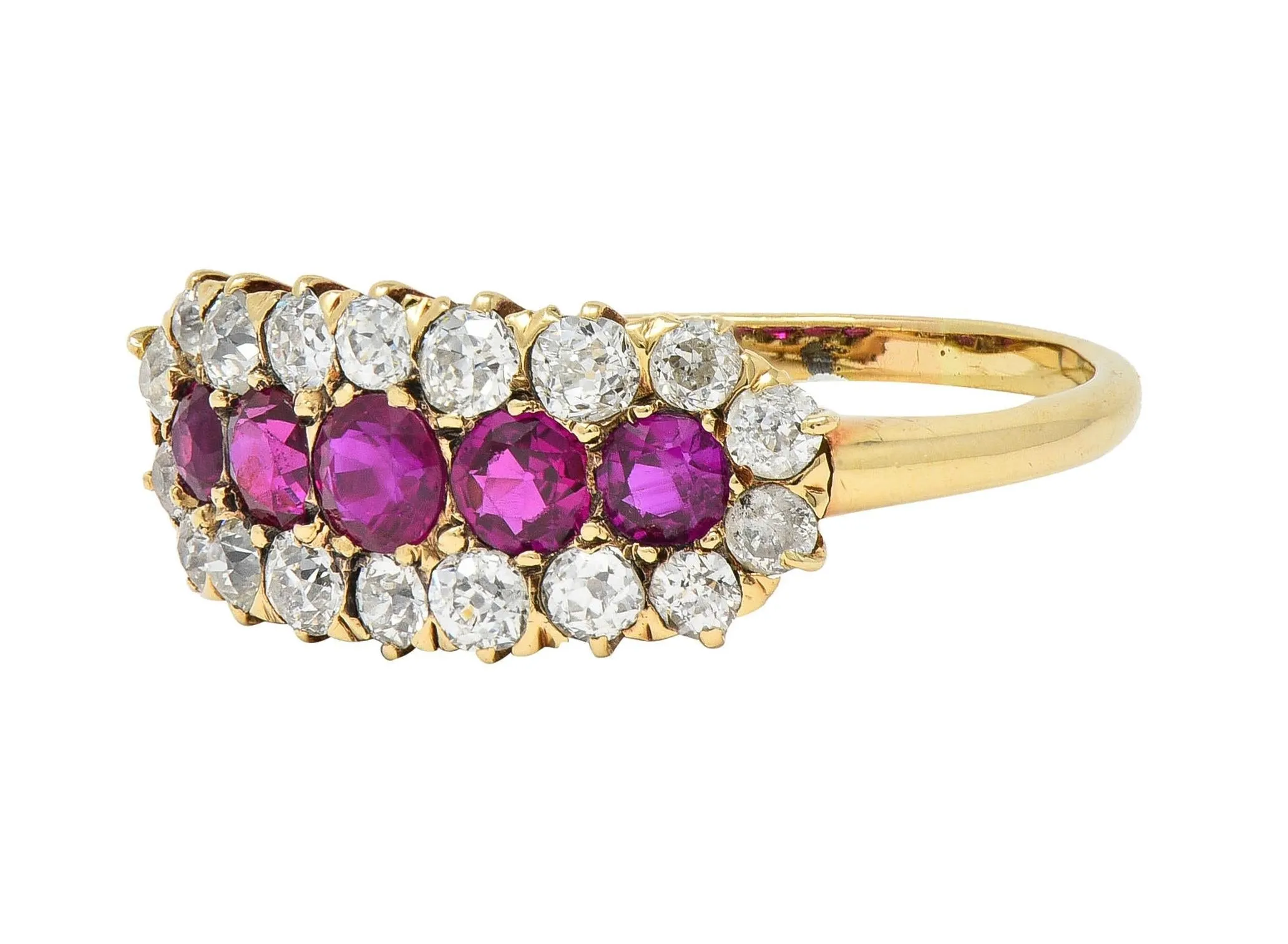 Victorian 2.59 CTW Ruby Diamond 14 Karat Yellow Gold Antique Clustered Band Ring