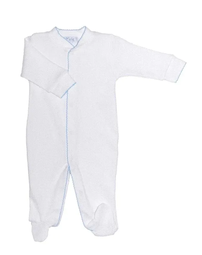 White Bubble Baby Footie - Blue Picot Trim