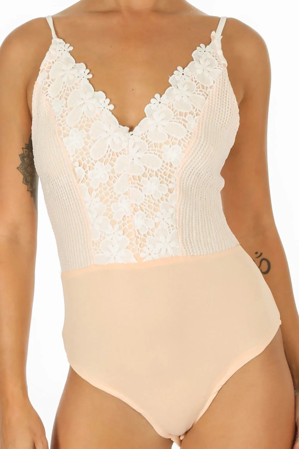 White Contrast Crochet Bodysuit