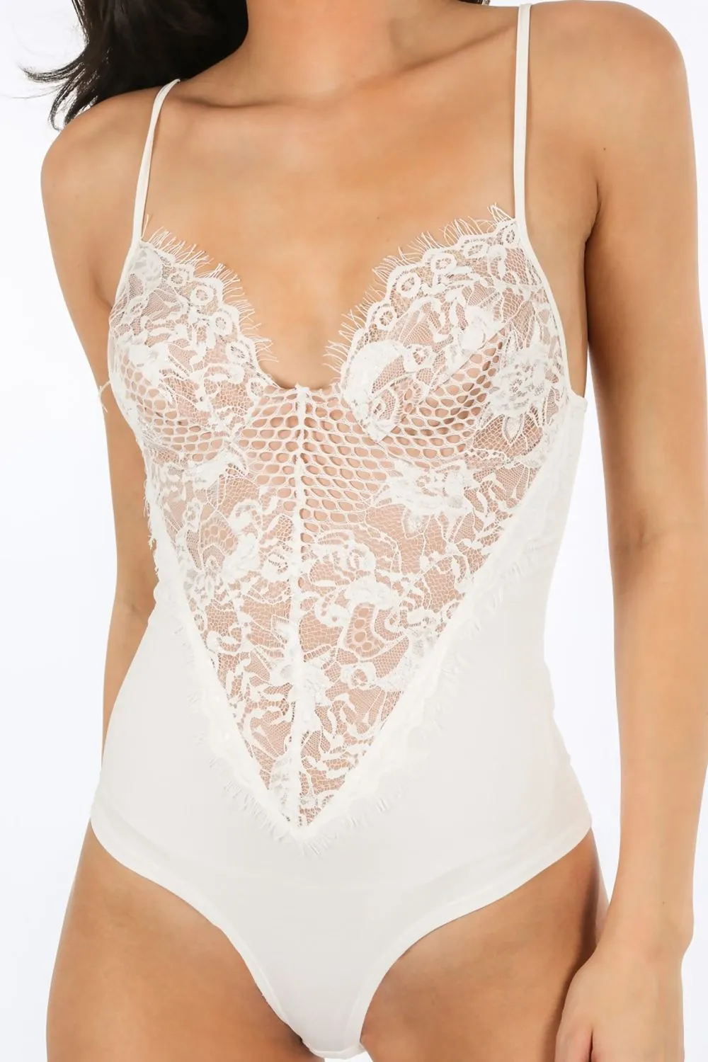 White Contrast Eyelash Lace Bodysuit