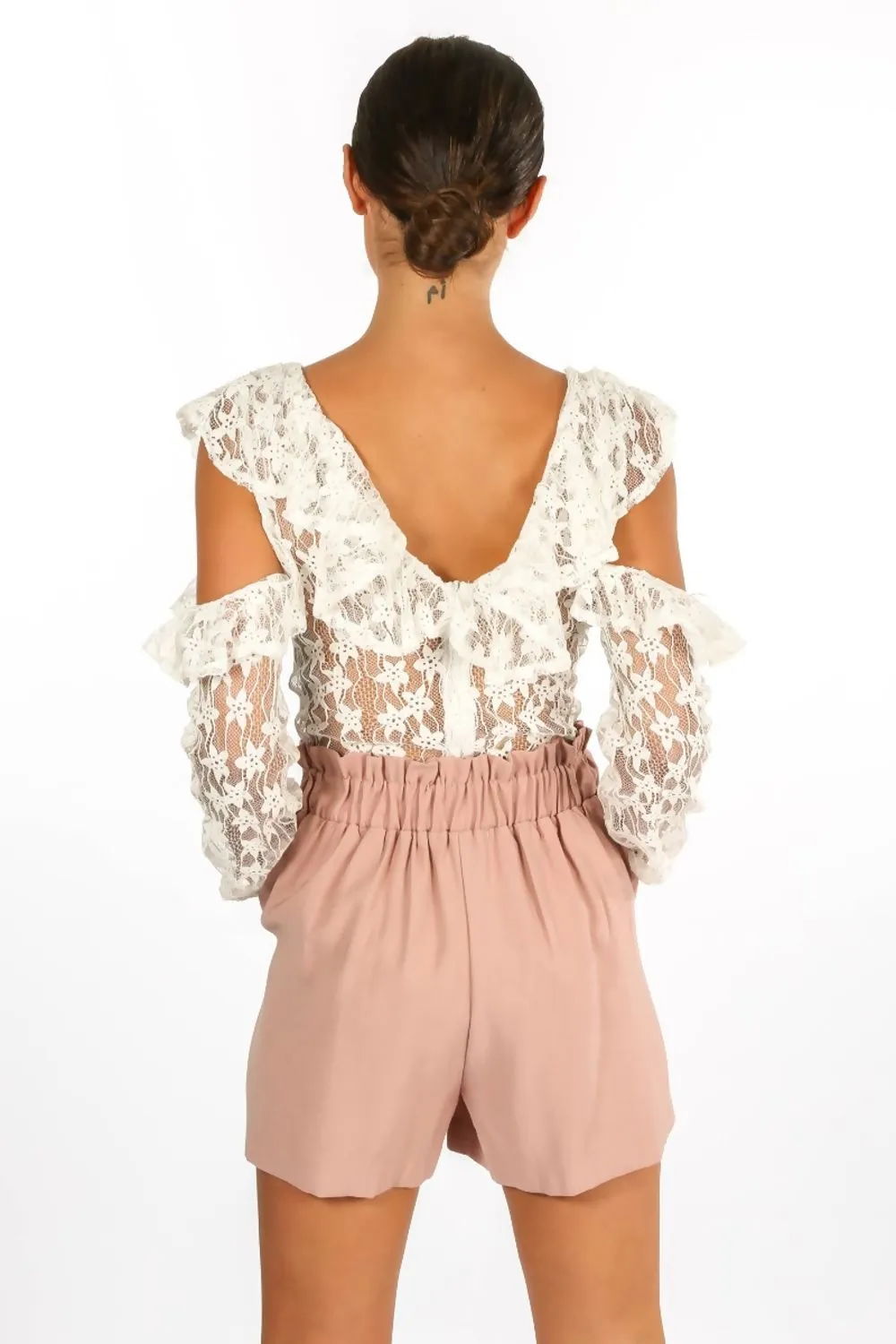 White Long Sleeve Sheer Frill Lace Bodysuit