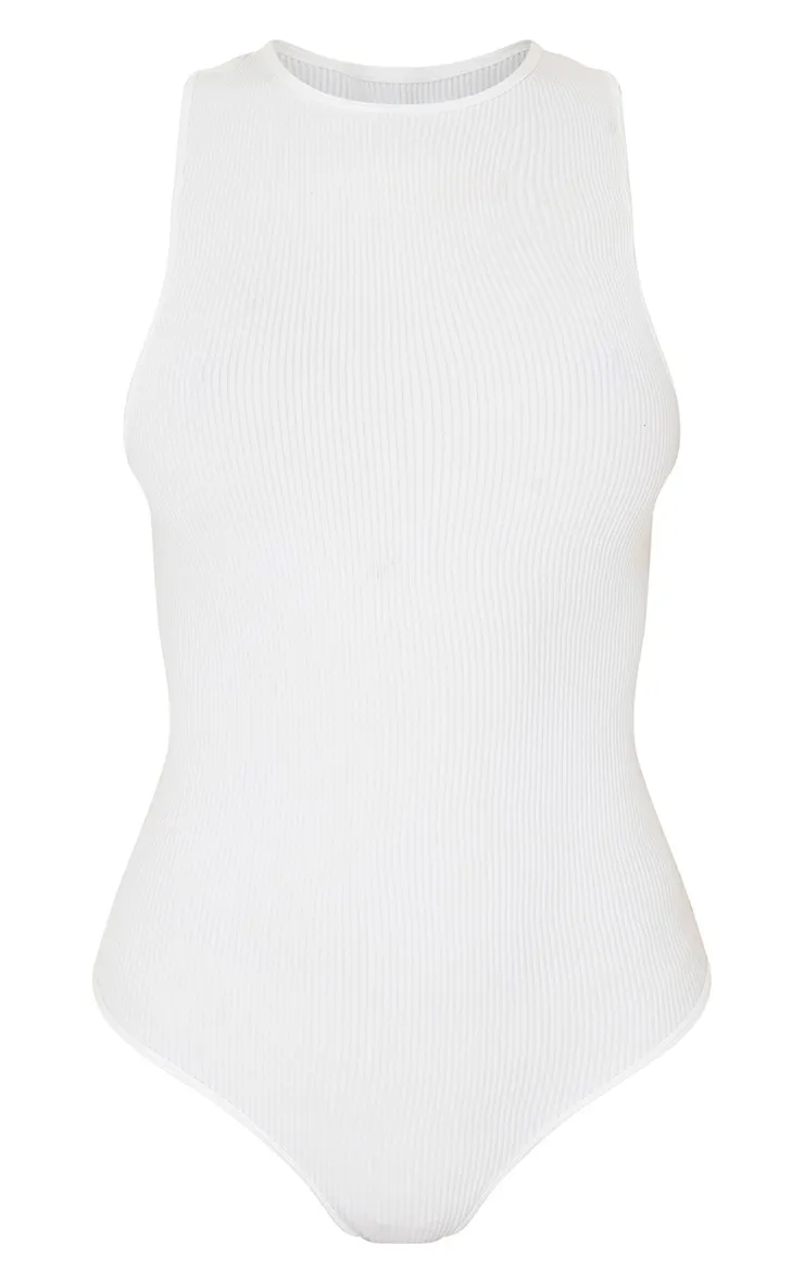 White Structured Contour Racer Neck Rib Bodysuit